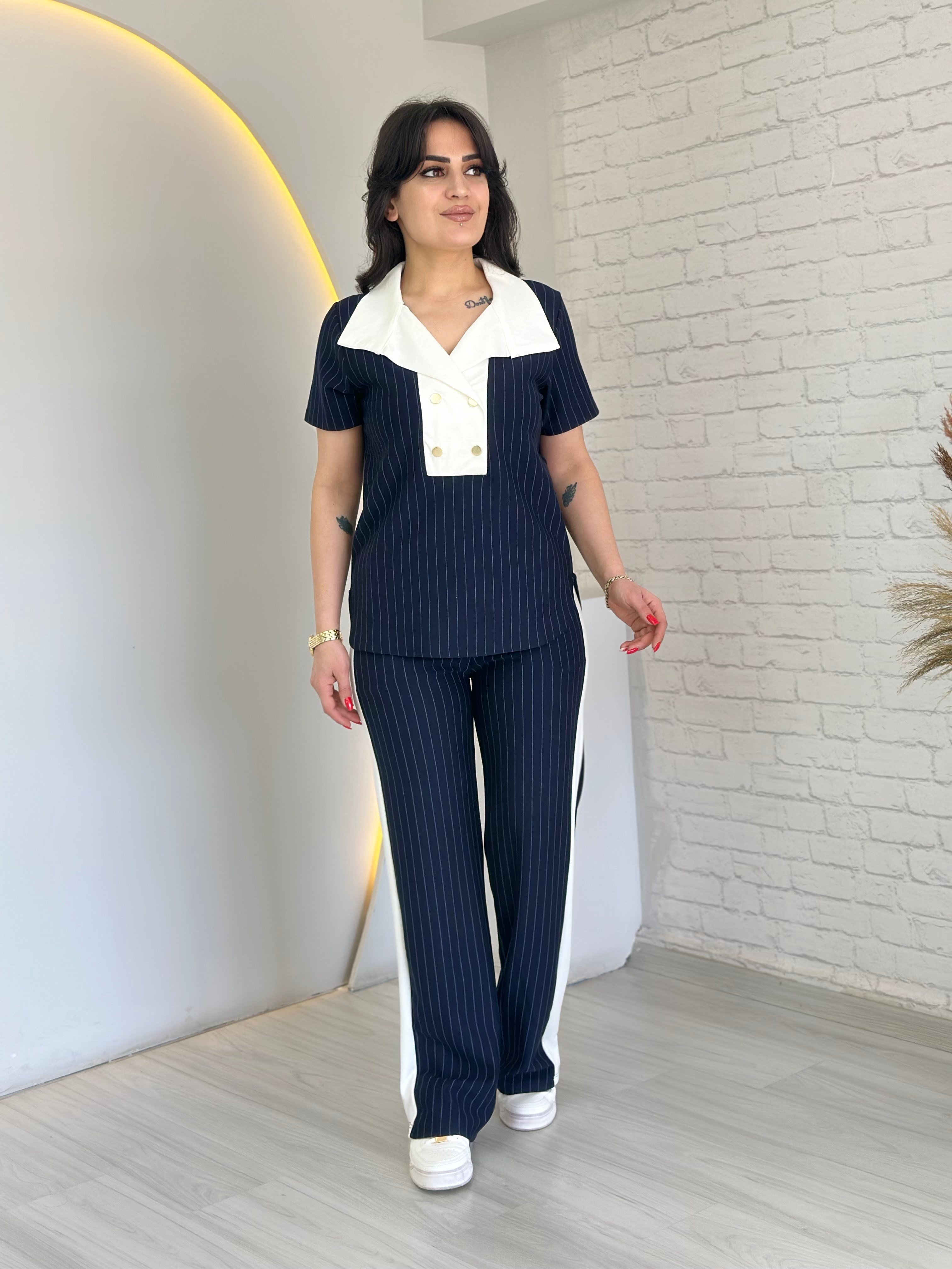 Magar Lacivert Kontrast Yakalı Çıtçıt Detaylı Çizgili İkili Takım D077