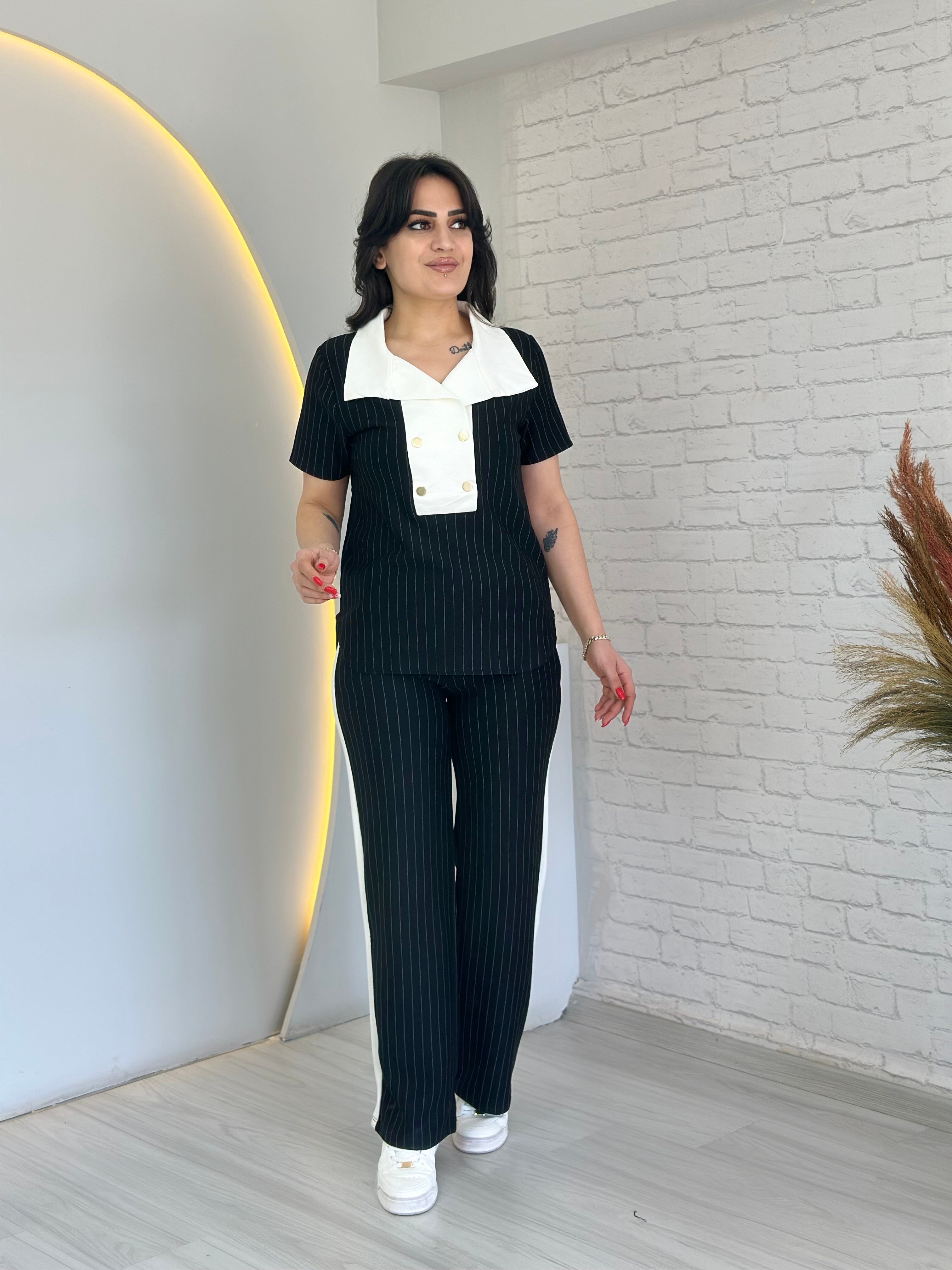 Magar Siyah Kontrast Yakalı Çıtçıt Detaylı Çizgili İkili Takım D077