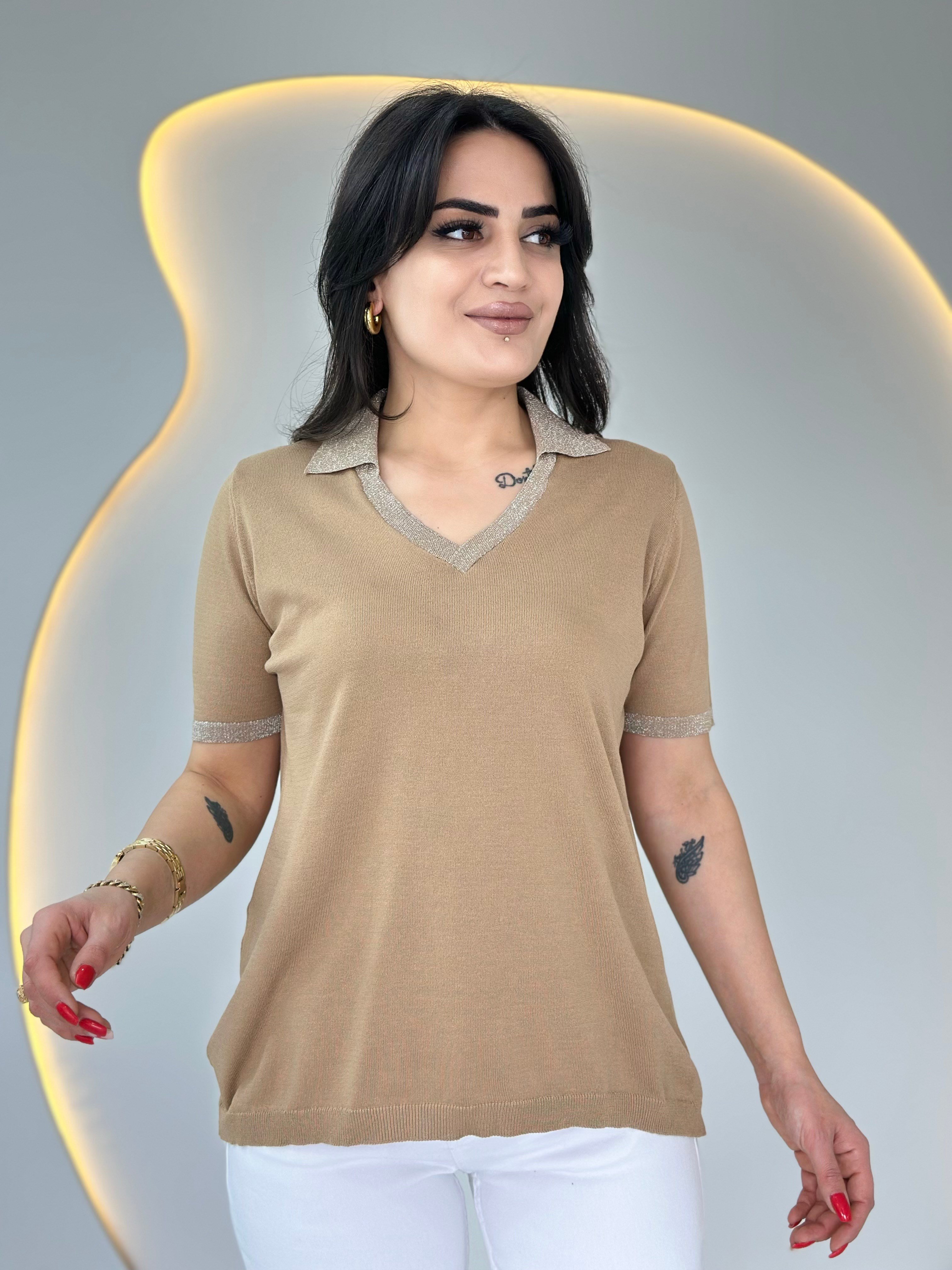 Mave Camel Polo Yaka Kol Sim İşlemeli Merserize Bluz D088