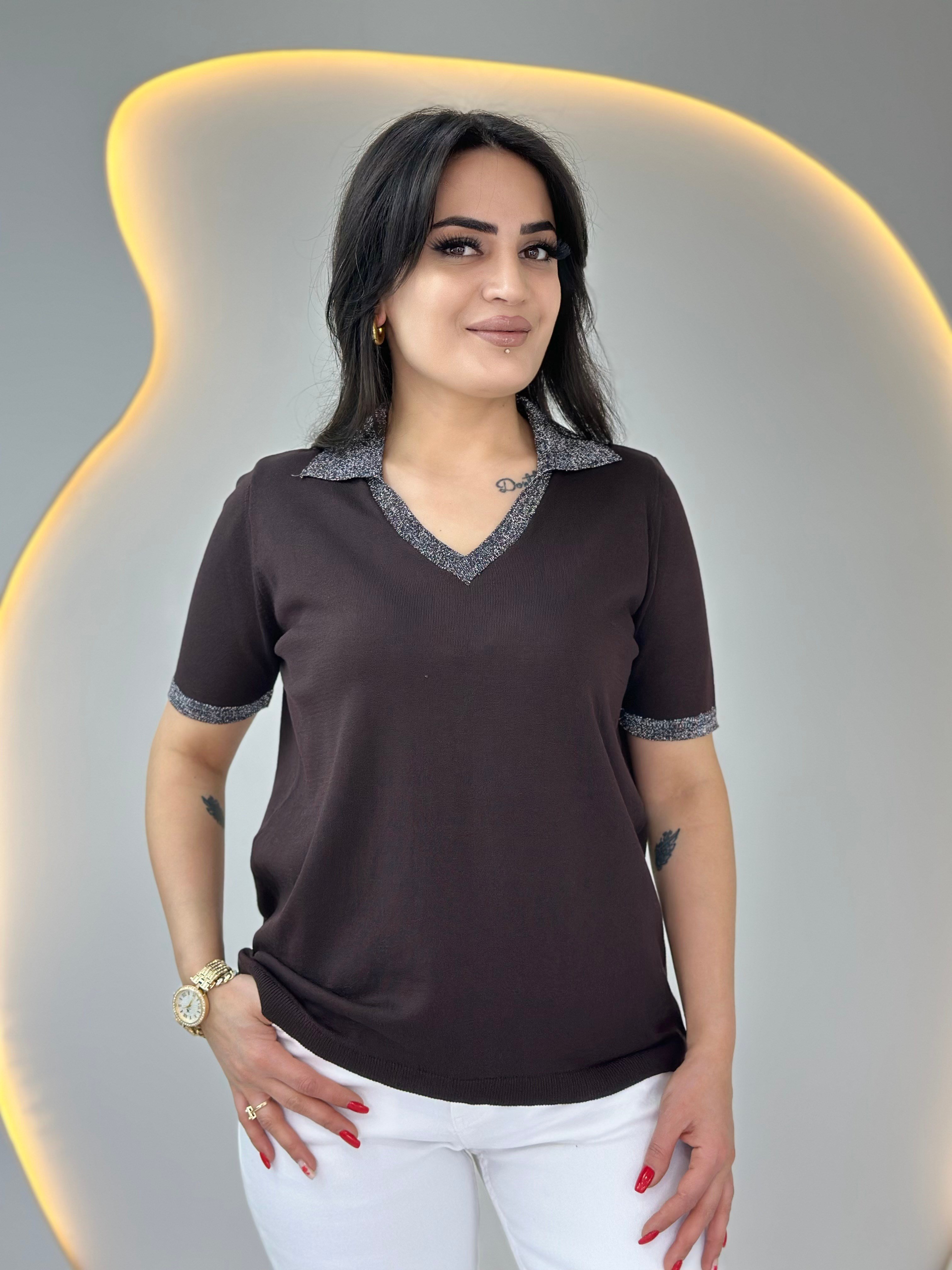 Mave Kahve Polo Yaka Kol Sim İşlemeli Merserize Bluz D088