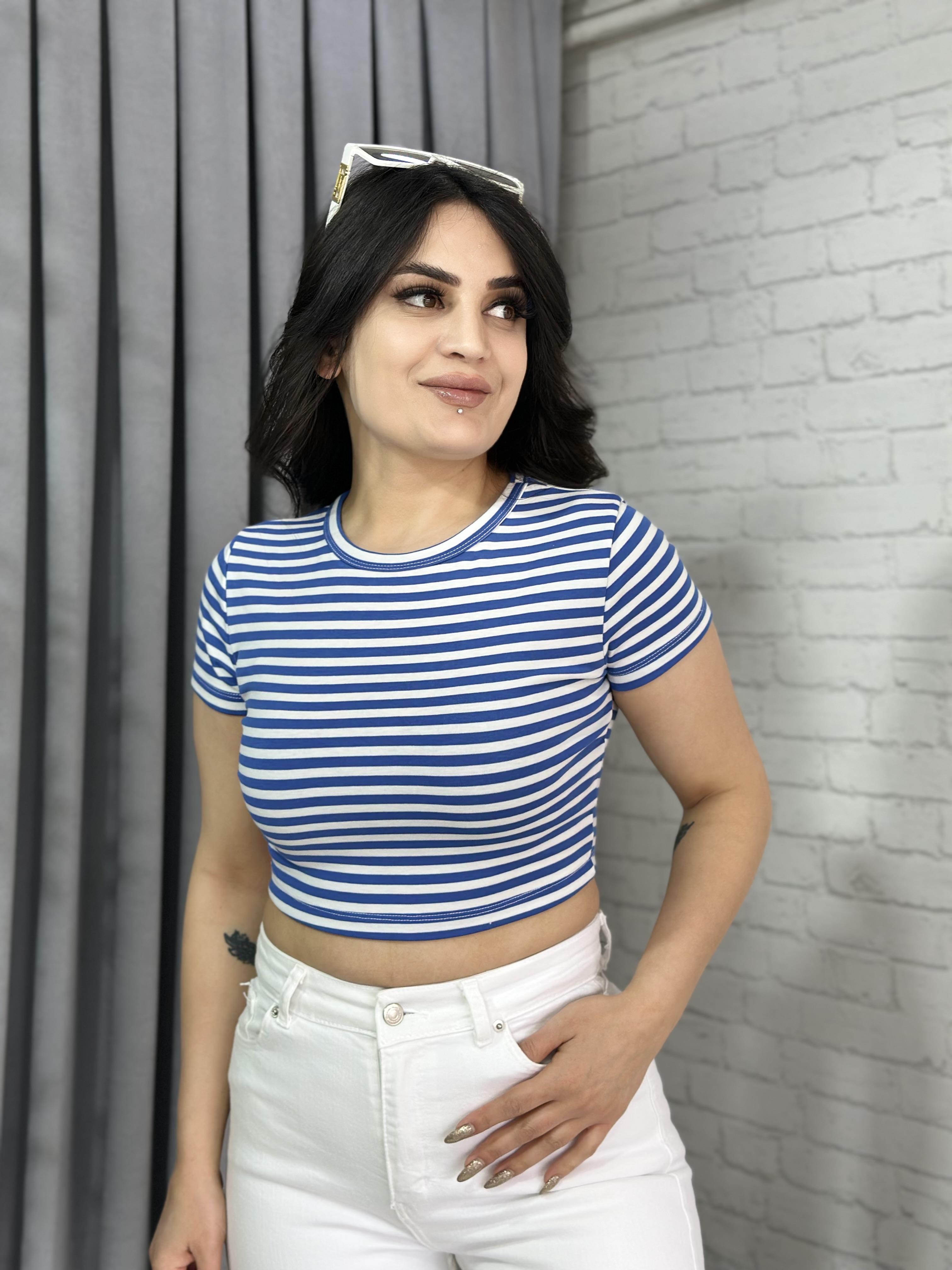Mavi Bisiklet Yaka Yatay Çizgili Crop Tshirt A907