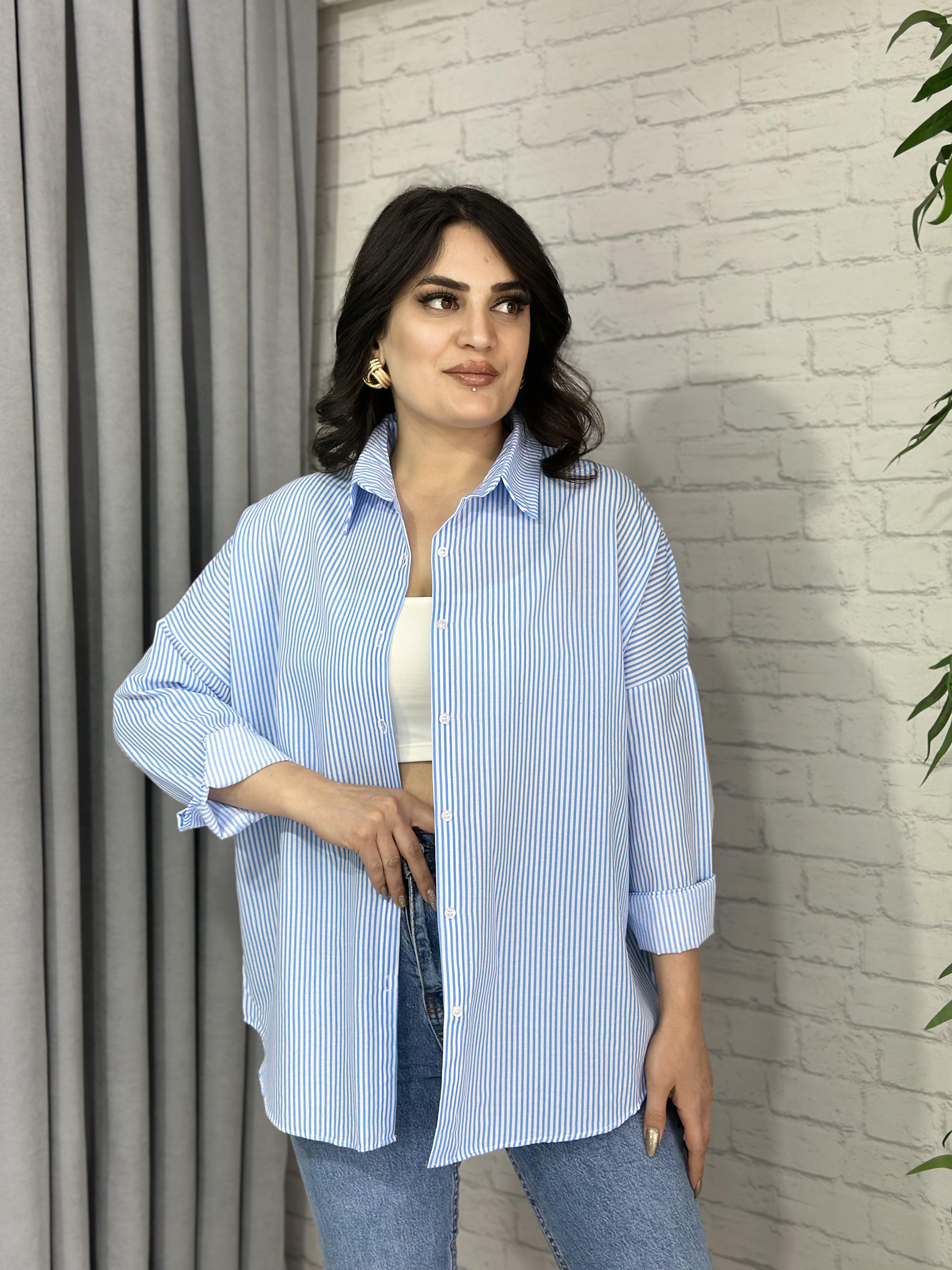 Mavi Dik Yaka Çizgili Poplin Gömlek A807