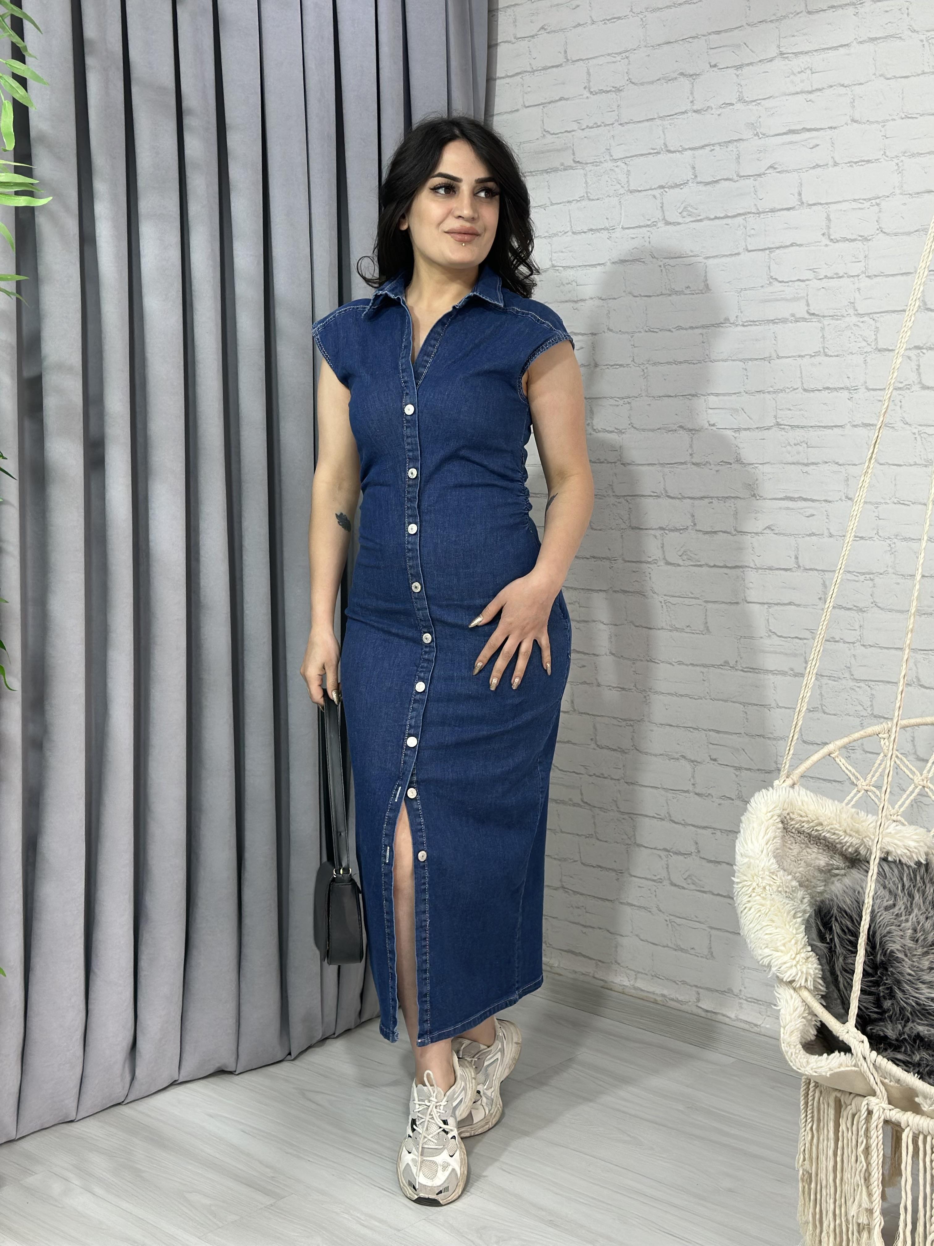 Mavi Önden Düğmeli Yandan Fermuarlı Gömlek Yaka Likralı Kot Elbise A457