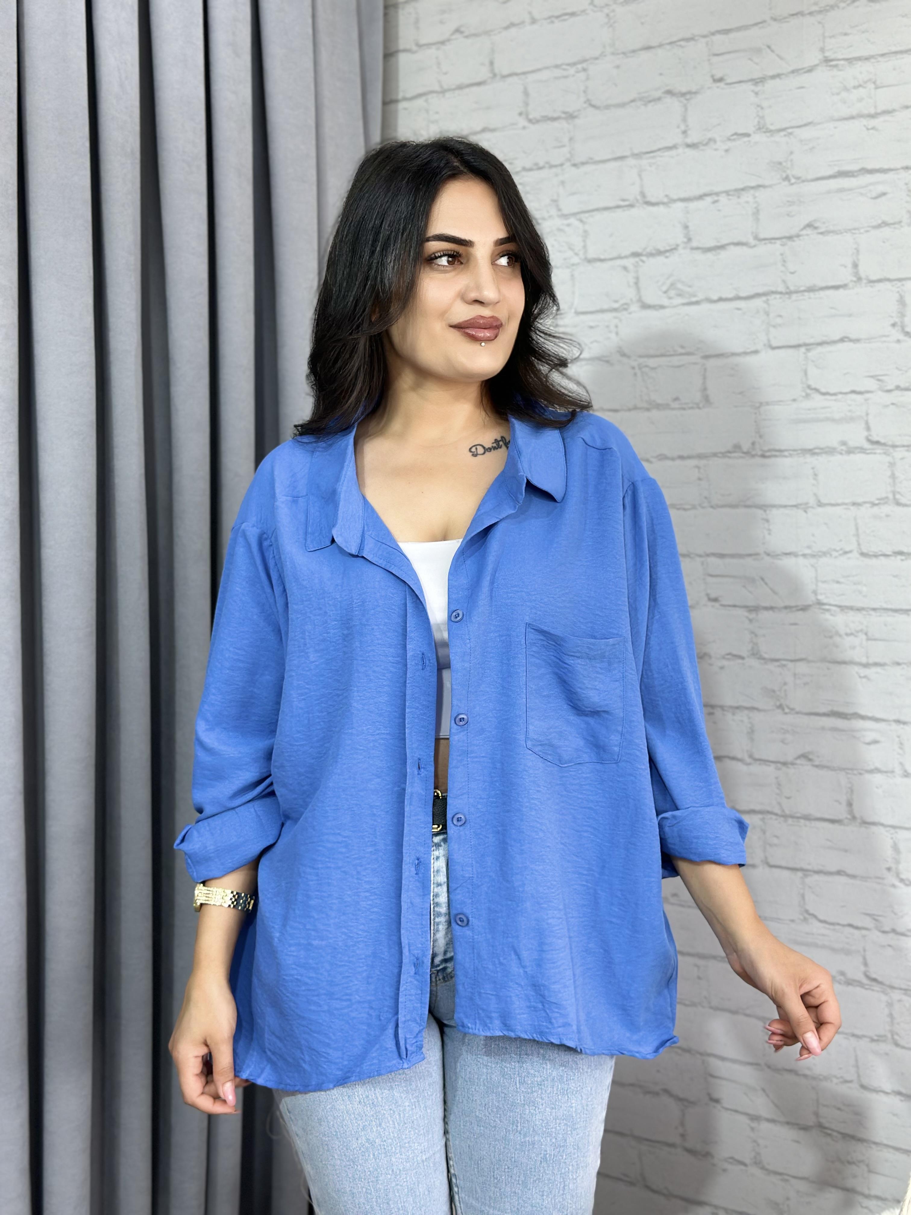 Mavi Tensel Bambu Oversize Cepli  Gömlek 