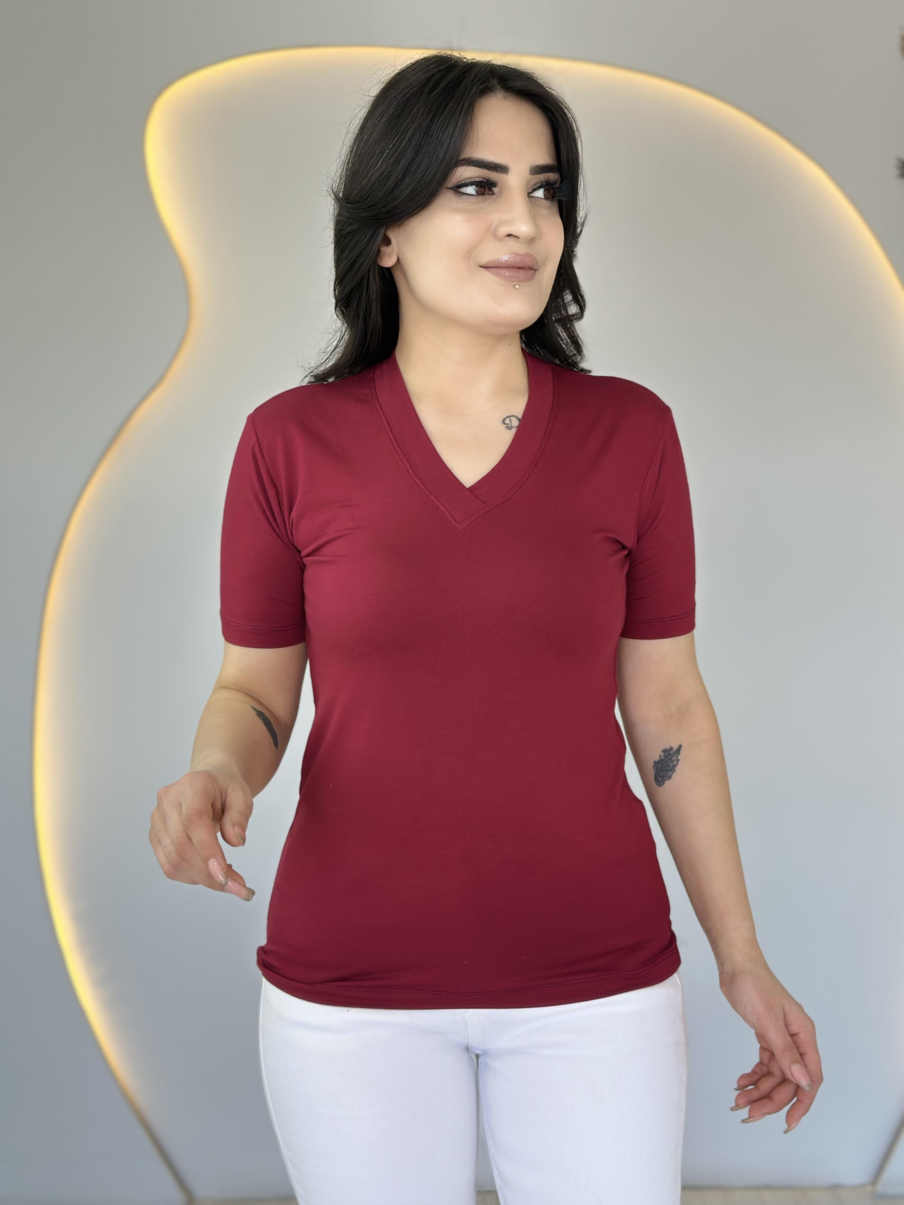 May Bordo V Yaka Basic Tshirt D031