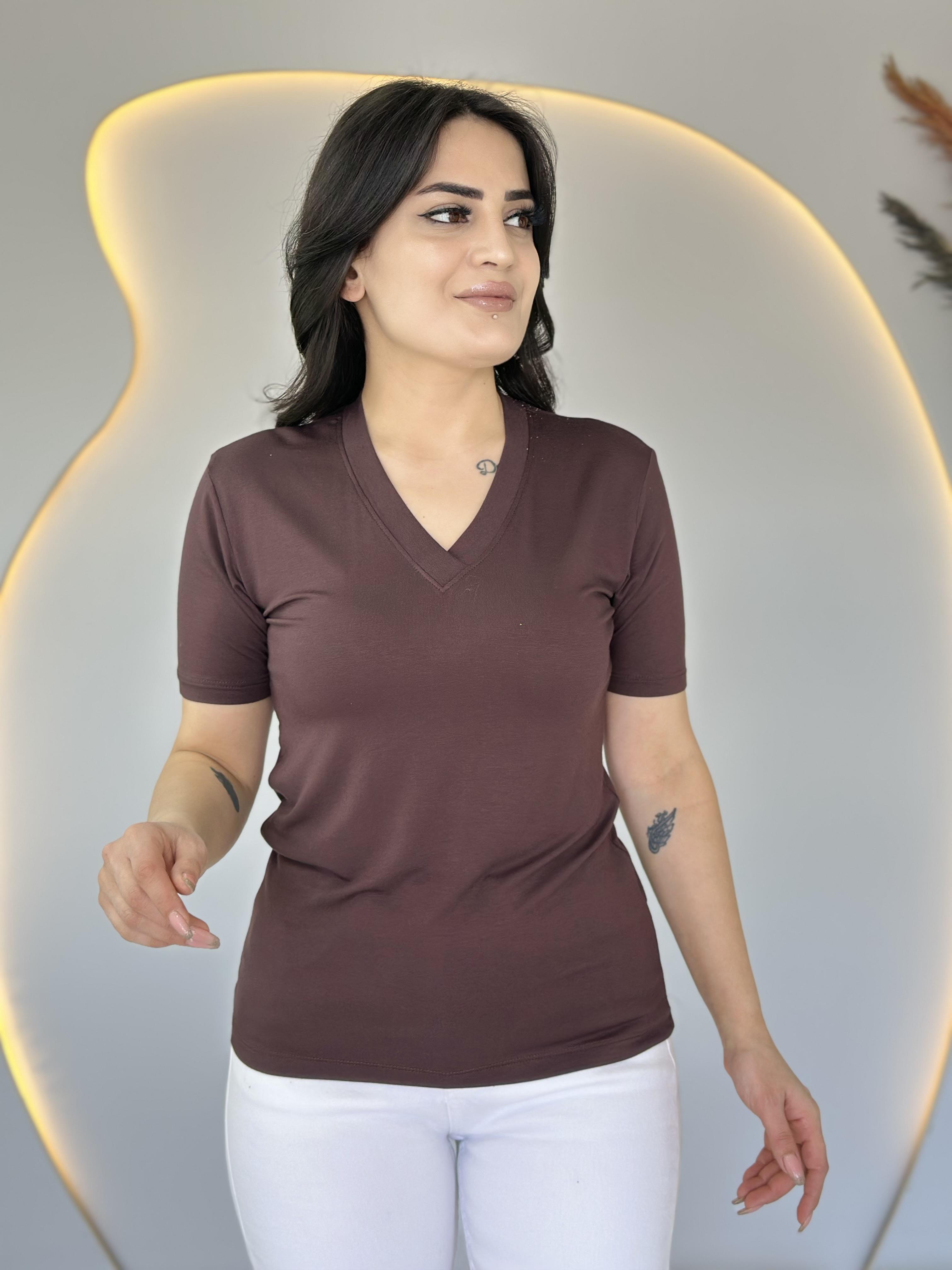 May Kahve V Yaka Basic Tshirt D031