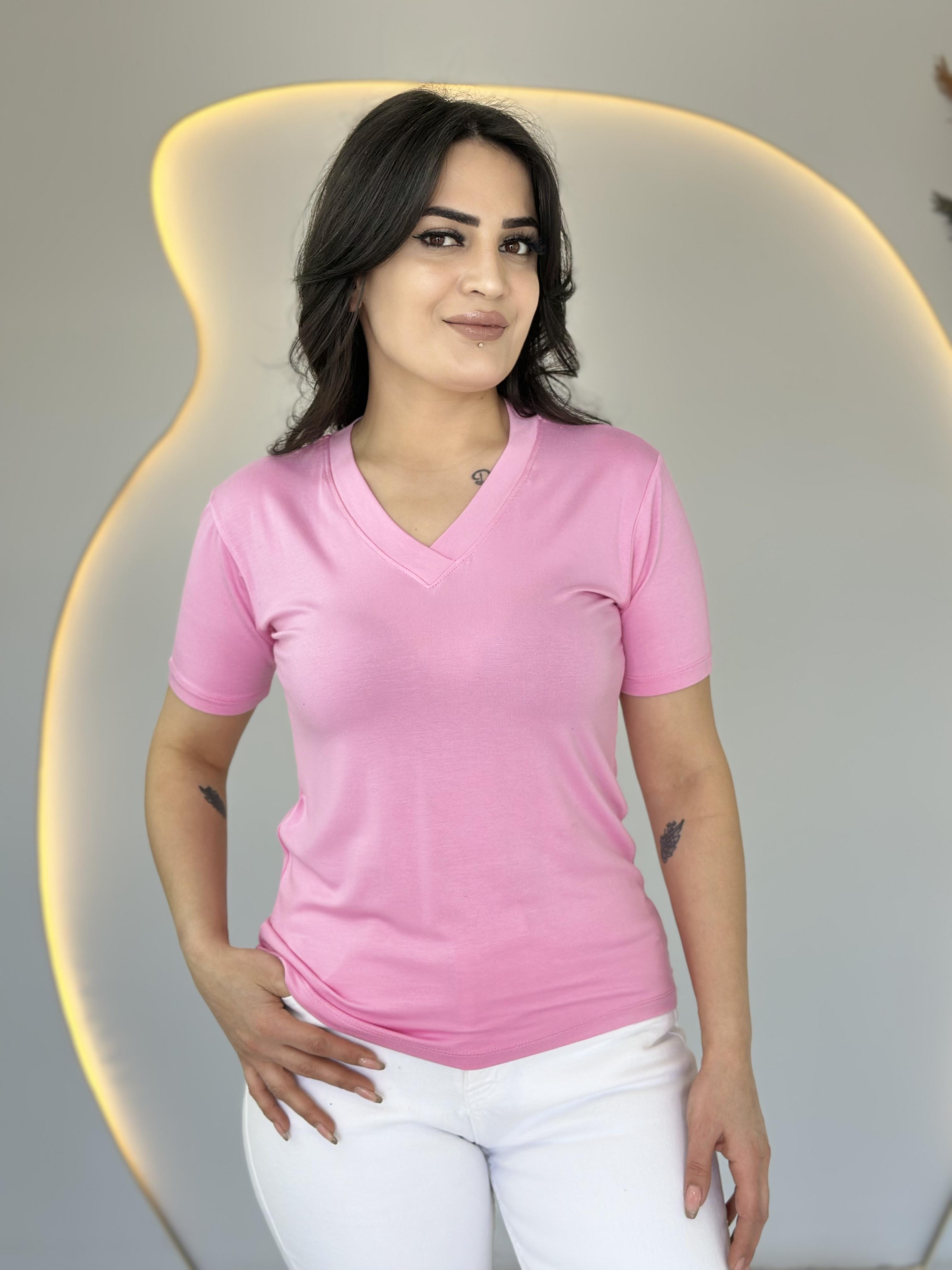 May Şeker Pembe V Yaka Basic Tshirt D031