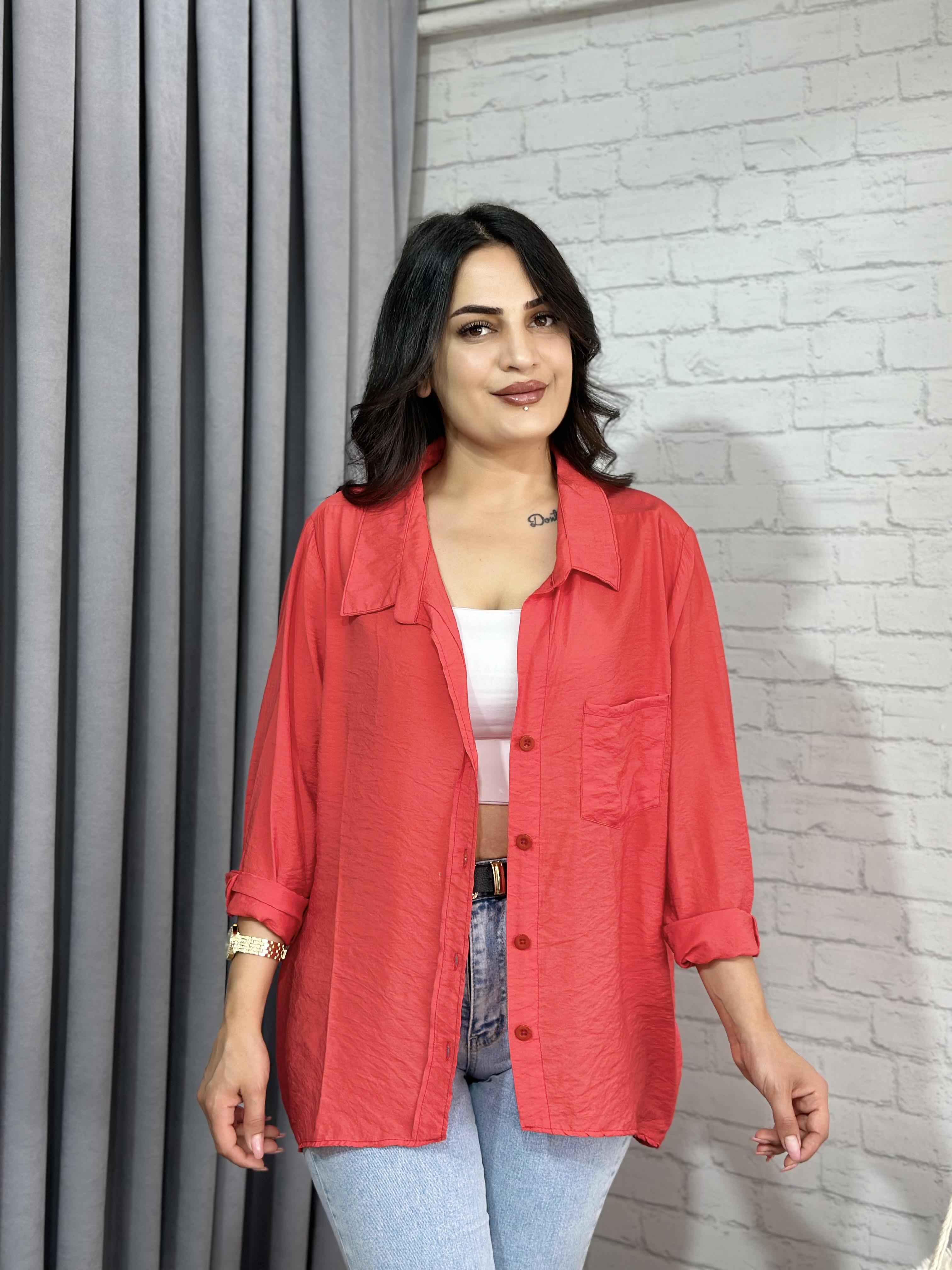 Mercan Tensel Bambu Oversize Cepli Gömlek