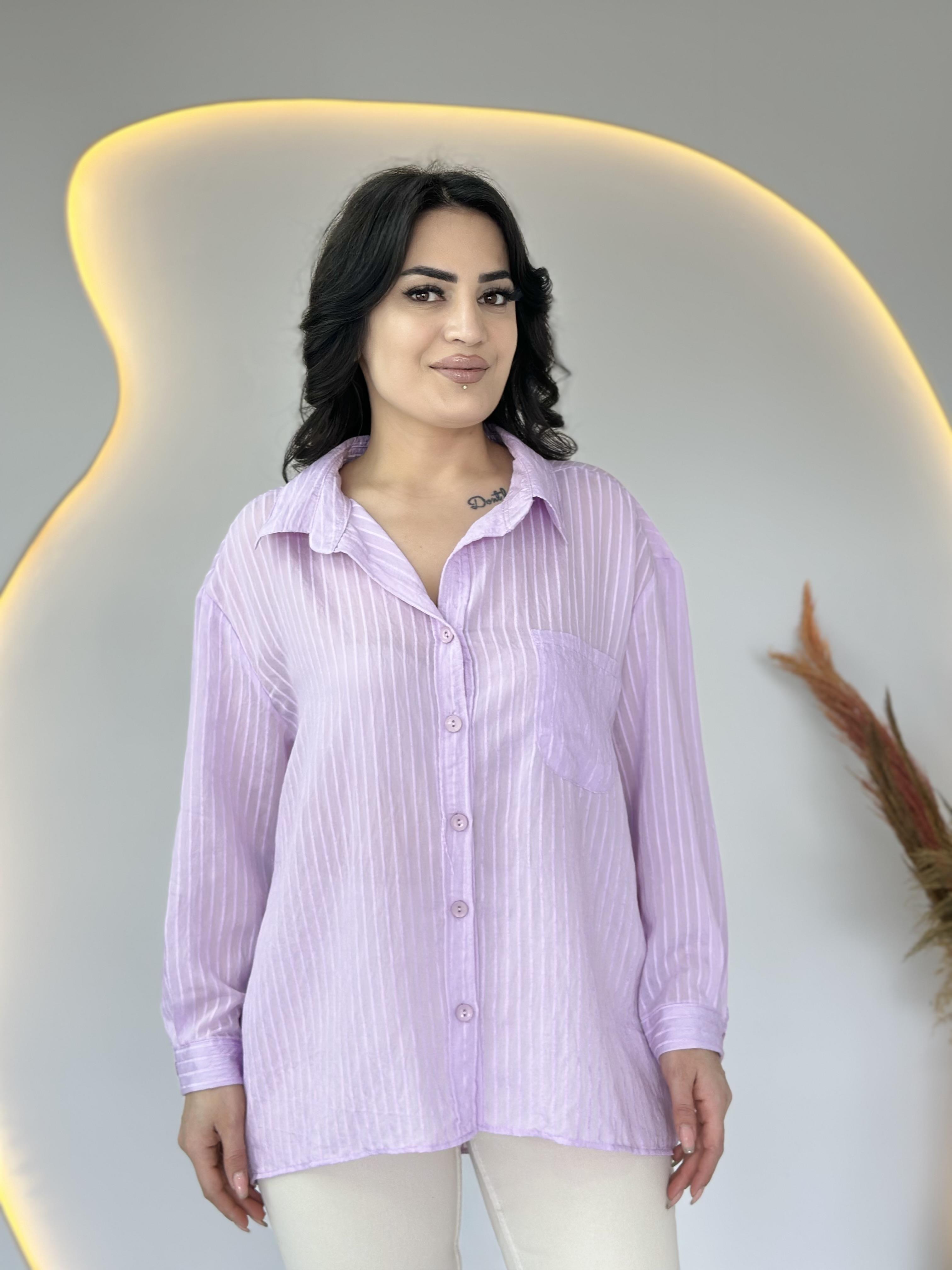 Mext Lila Çizgili Oversize Cepli Gömlek D056
