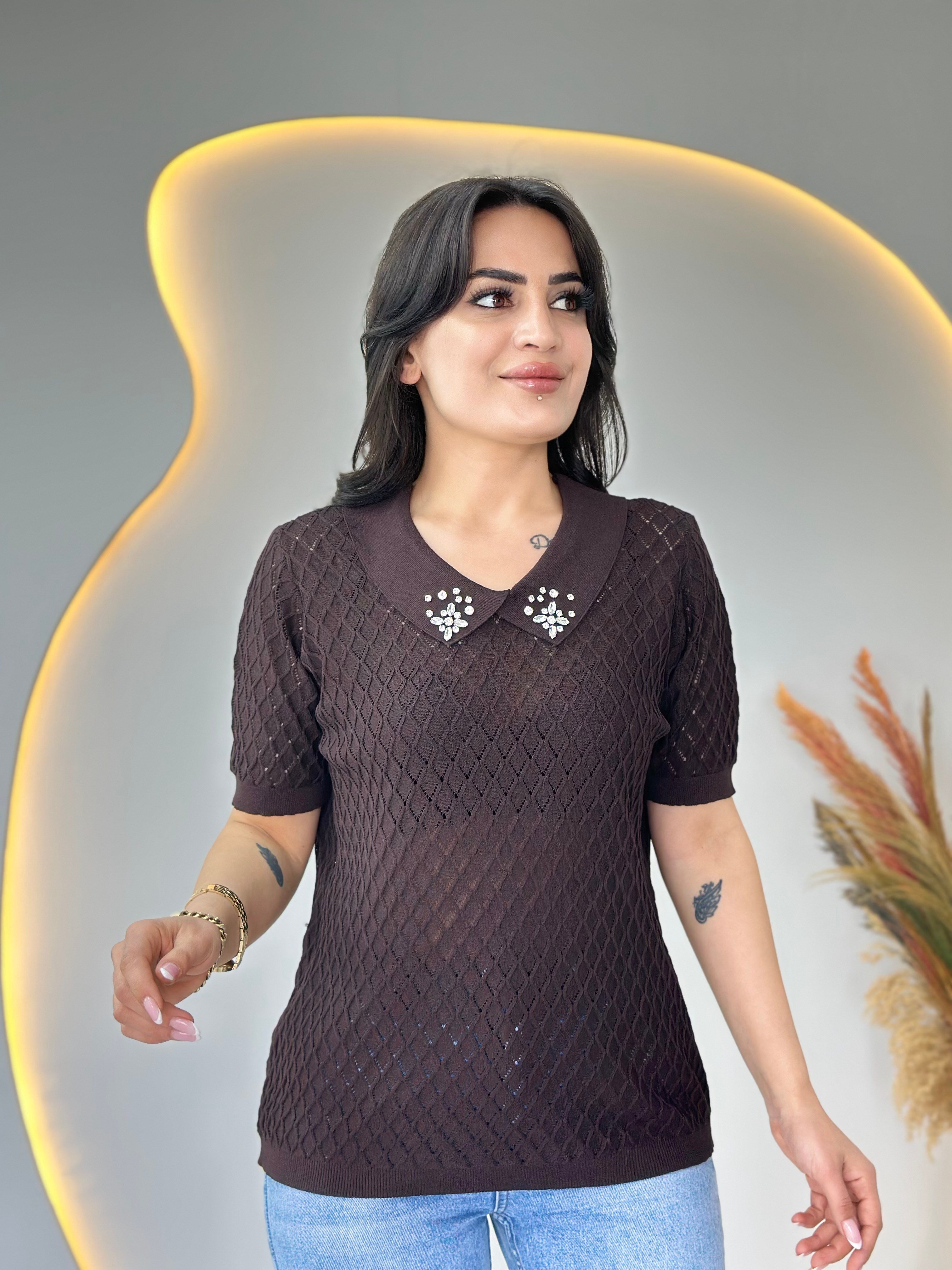 Mia Acı Kahve Bebe Yaka Taş Detaylı Ajurlu Merserize Örme Triko D112
