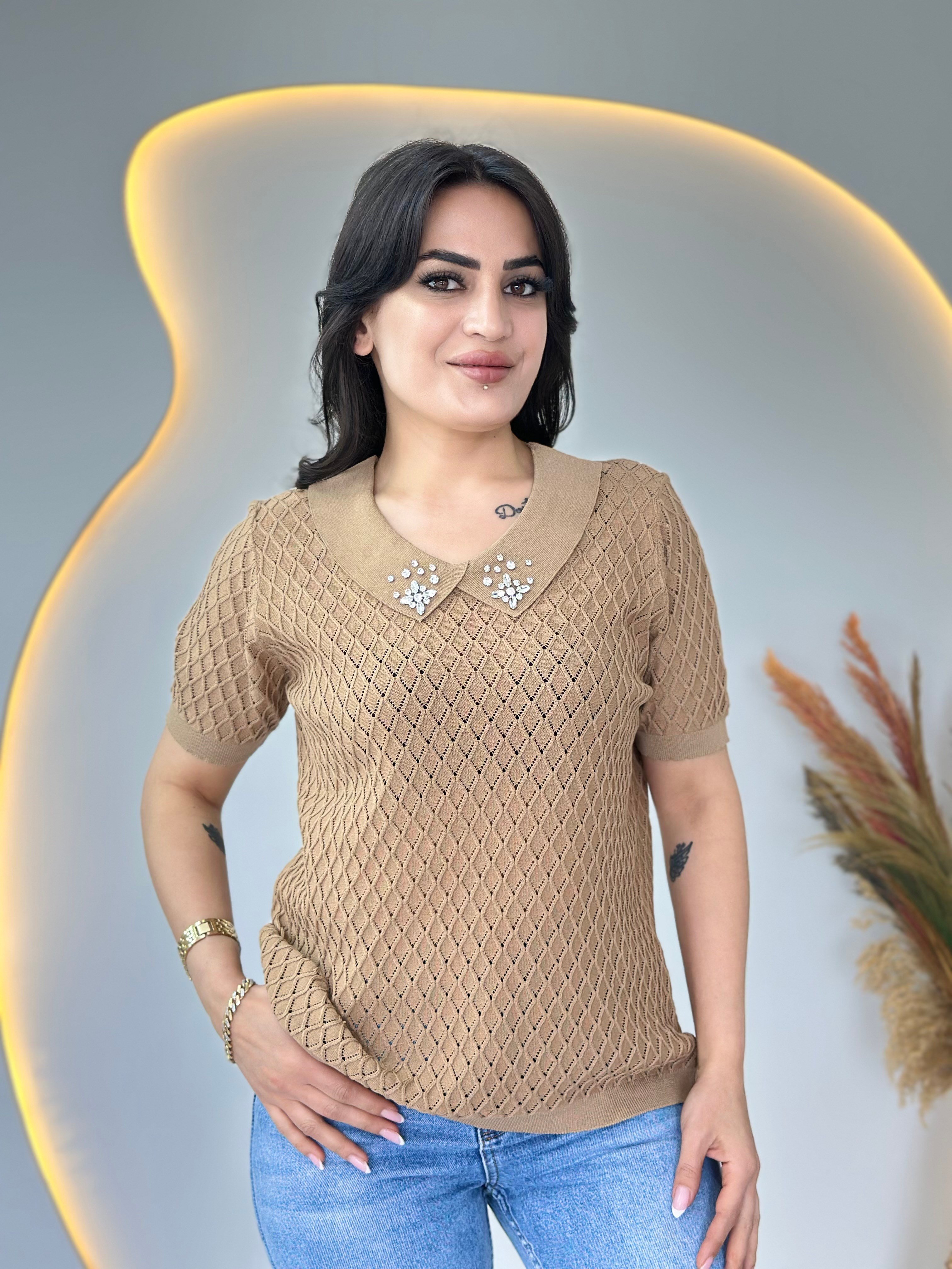 Mia Camel Bebe Yaka Taş Detaylı Ajurlu Merserize Örme Triko D112