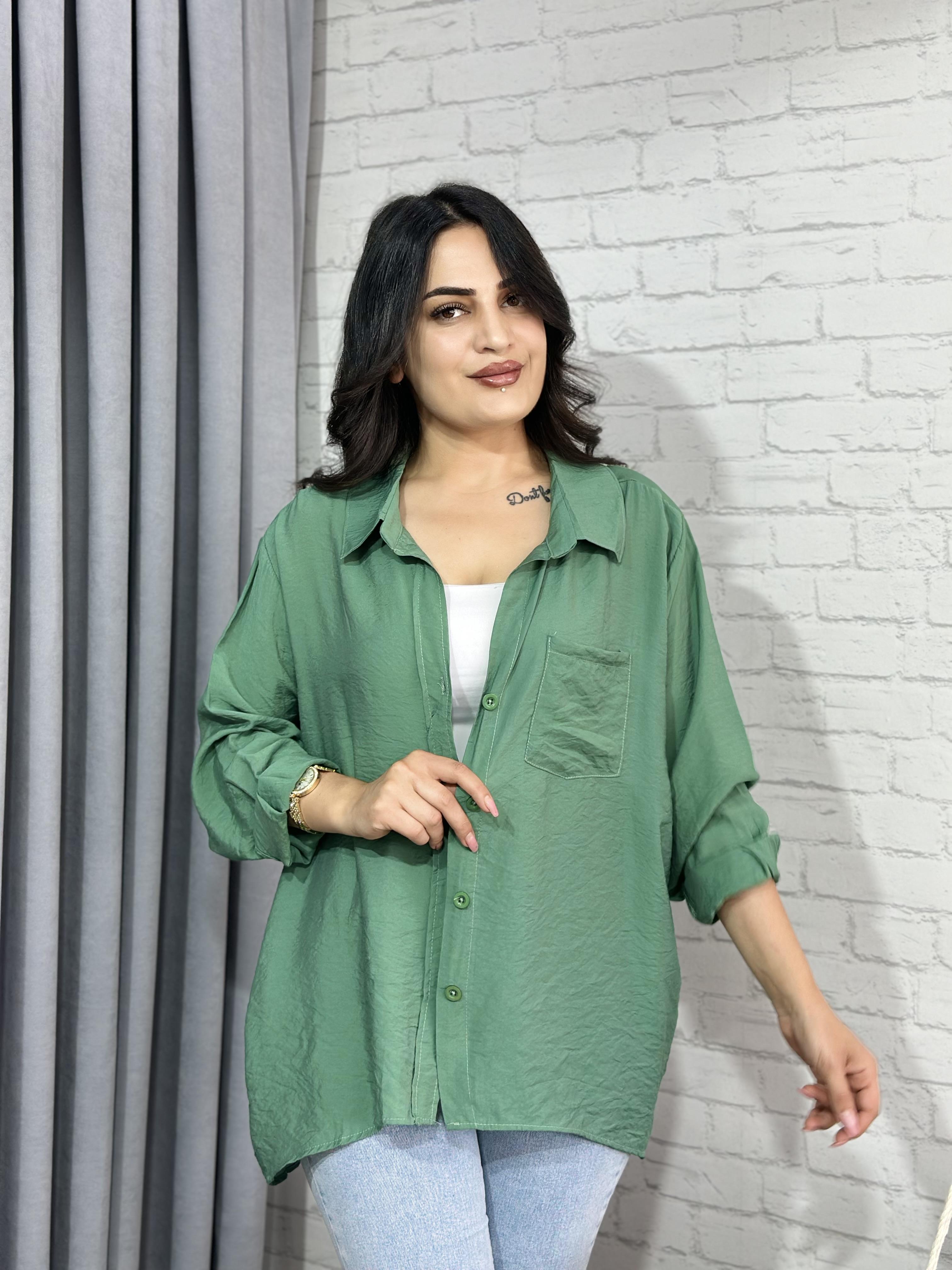 Mint Yeşili Tensel Bambu Oversize Cepli Gömlek