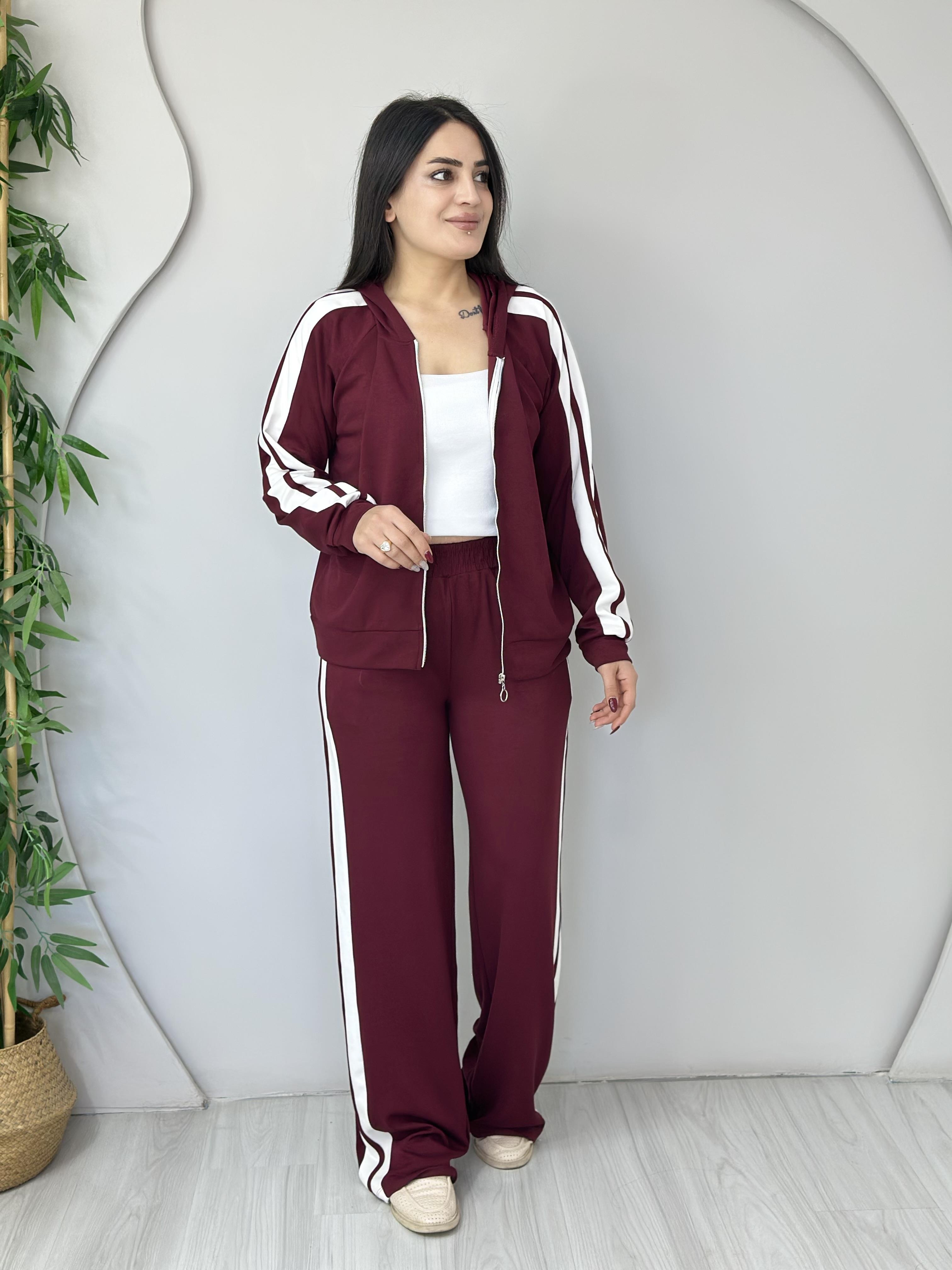 Mira Bordo Çizgili Modal Kapüşonlu İkili Fermuarlı Takım A632