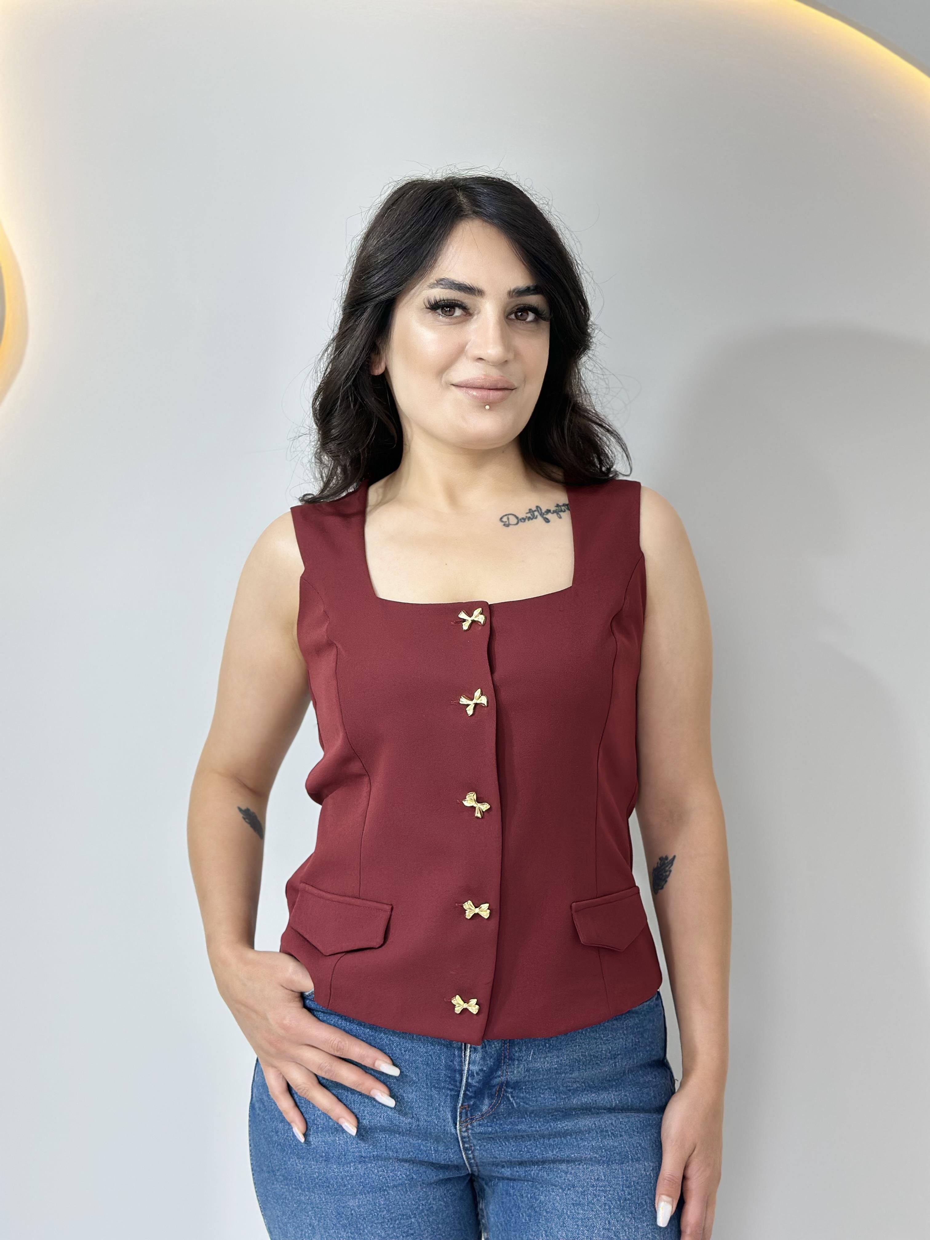 Mira Bordo Gold Düğme Detay Çepken Yelek A782