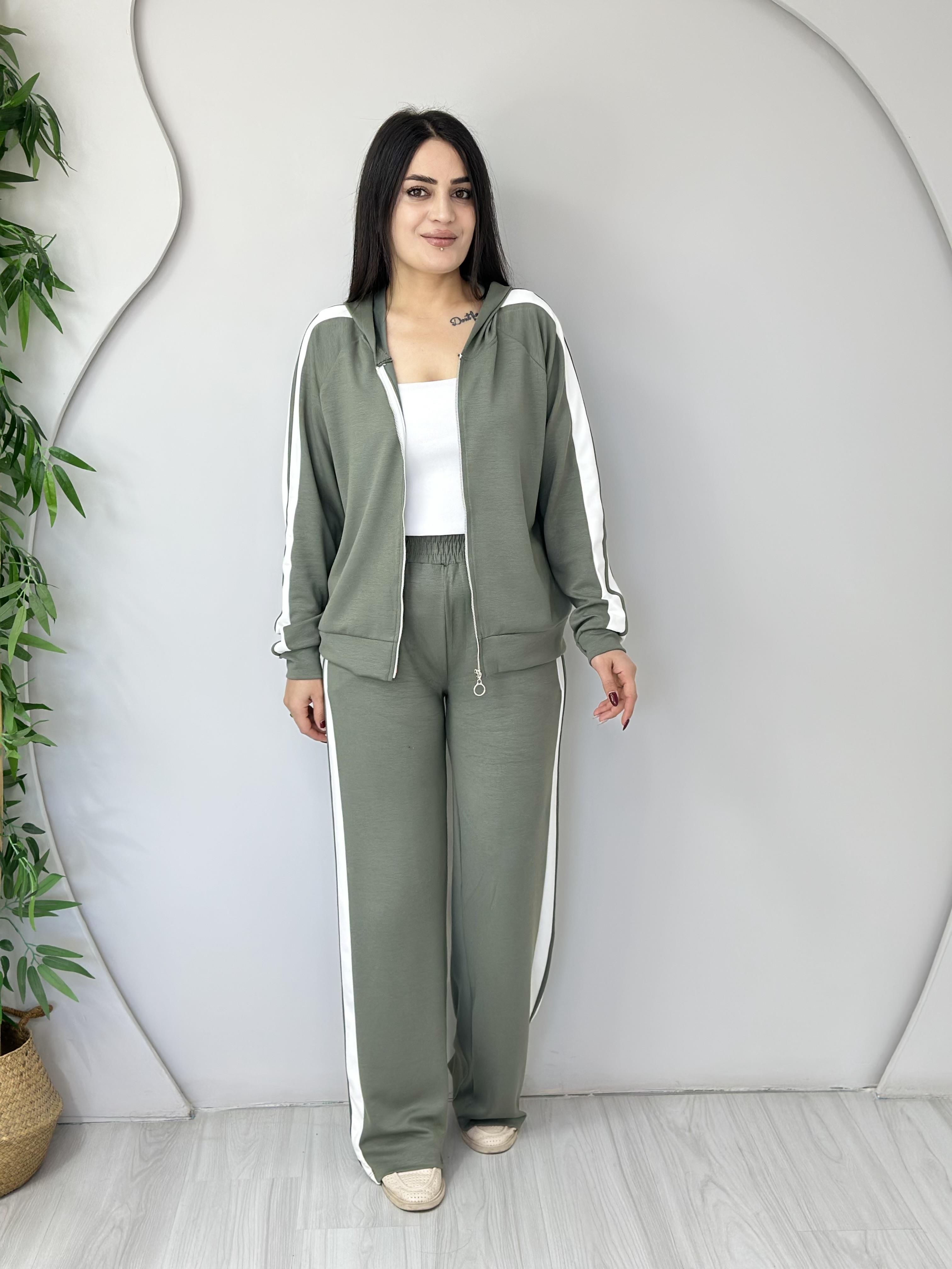 Mira Mint Yeşili Çizgili Modal Kapüşonlu İkili Fermuarlı Takım A633