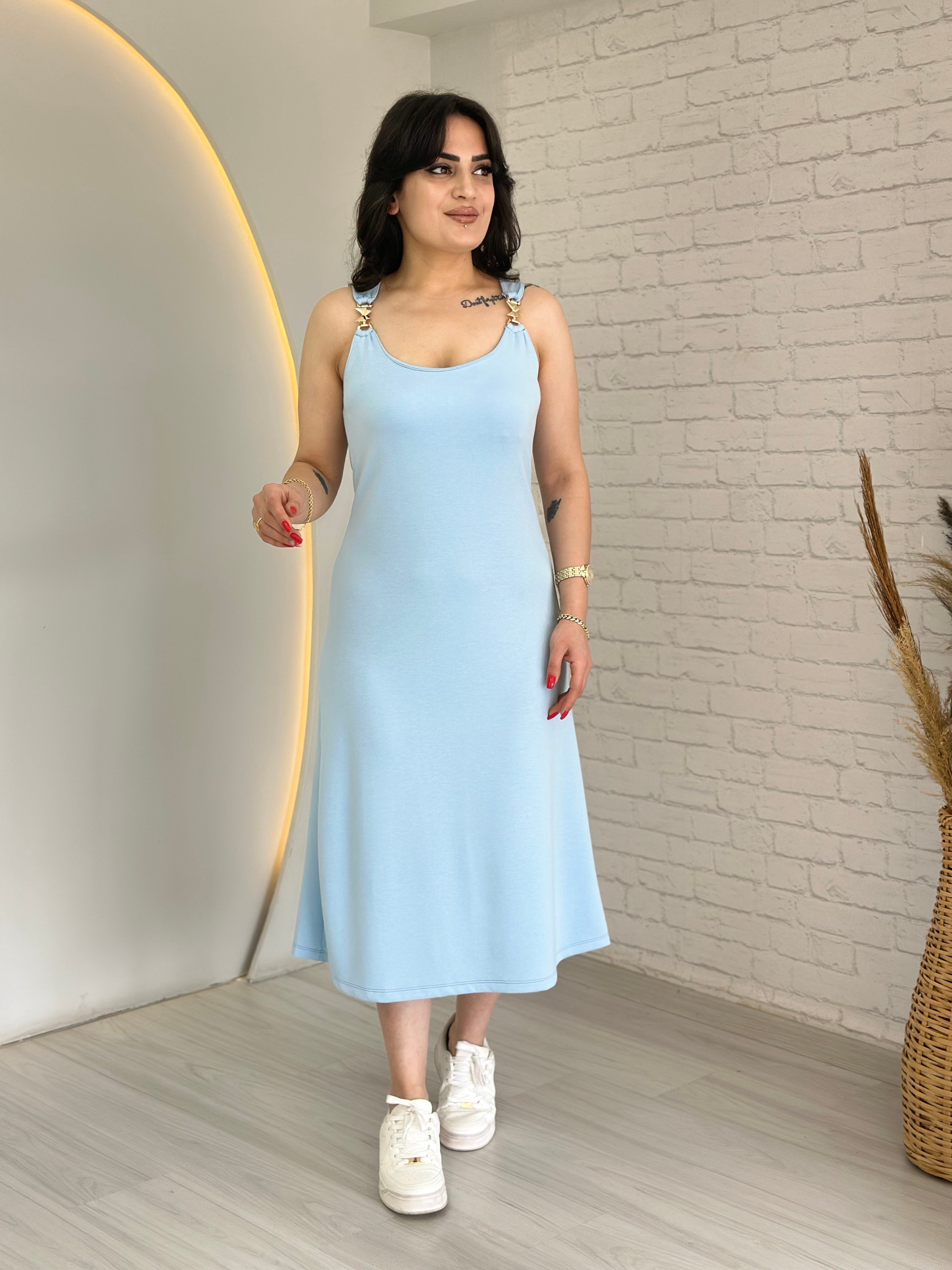 Miri Bebe Mavi İnce Askılı Aksesuar Detaylı Modal Midi Elbise D085