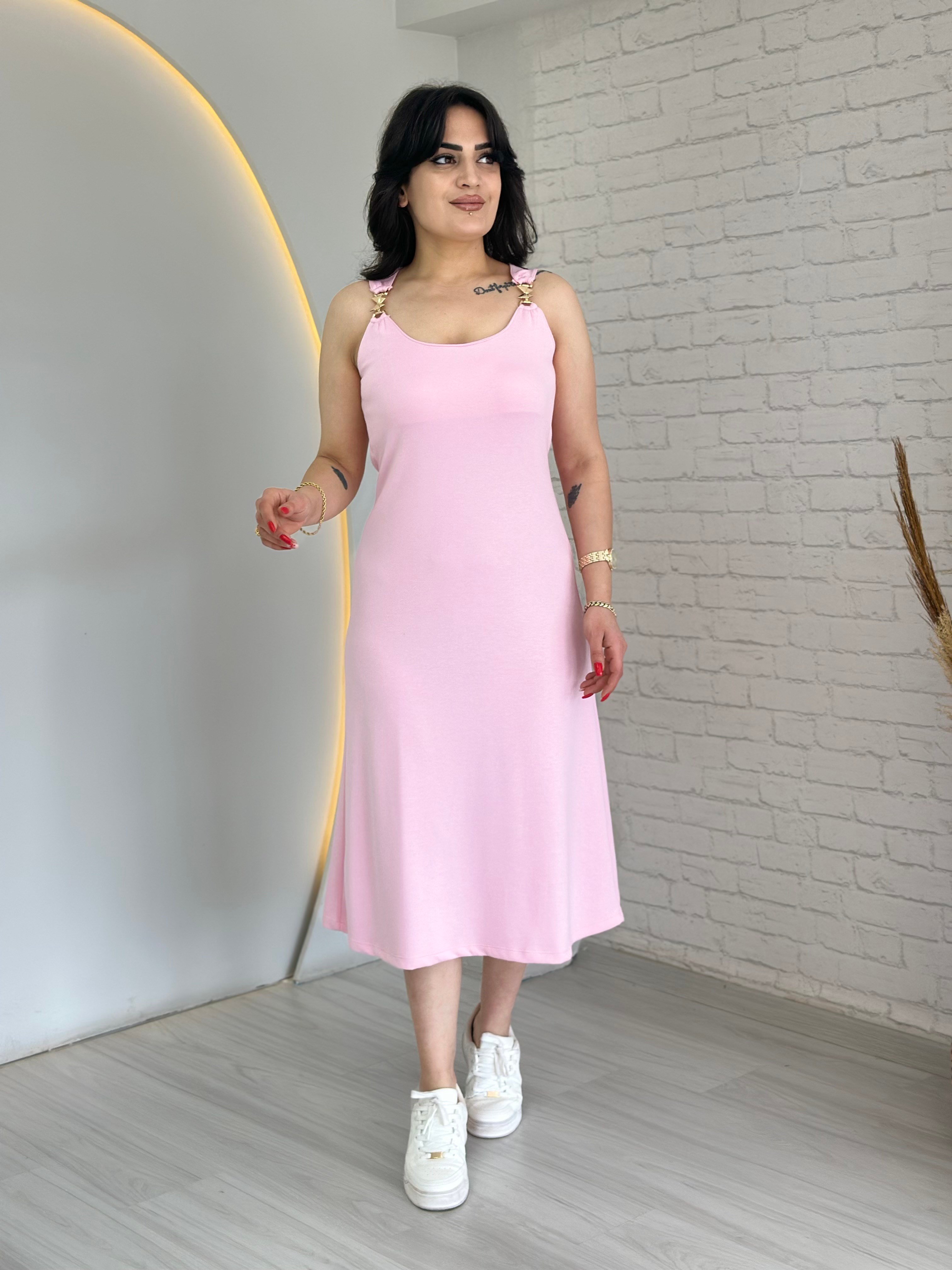 Miri Pembe İnce Askılı Aksesuar Detaylı Modal Midi Elbise D085