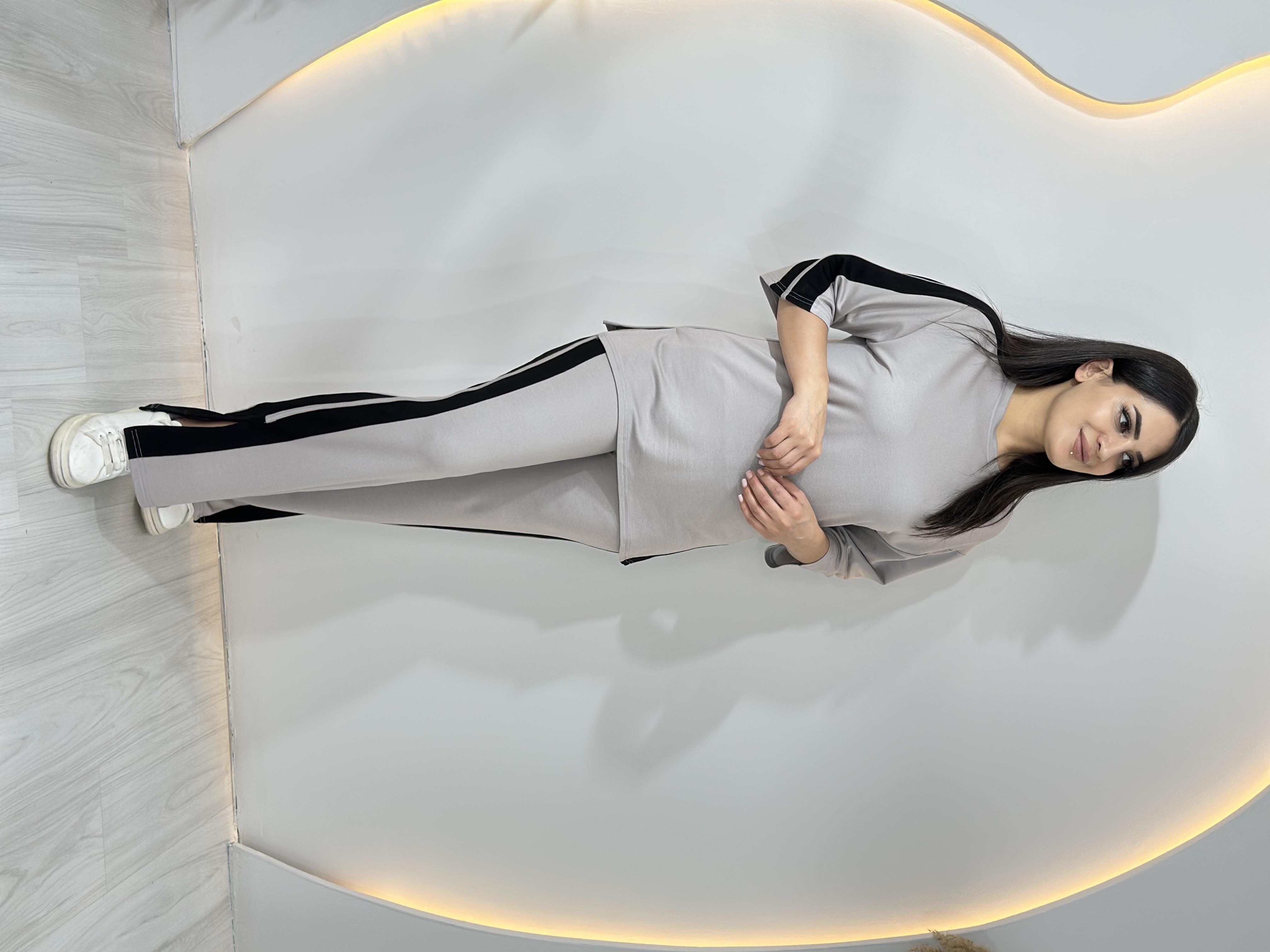 Miya Gri  Kollar Şerit Yırtmaçlı Pantolon Modal Tshirt 2'Li Takım A008