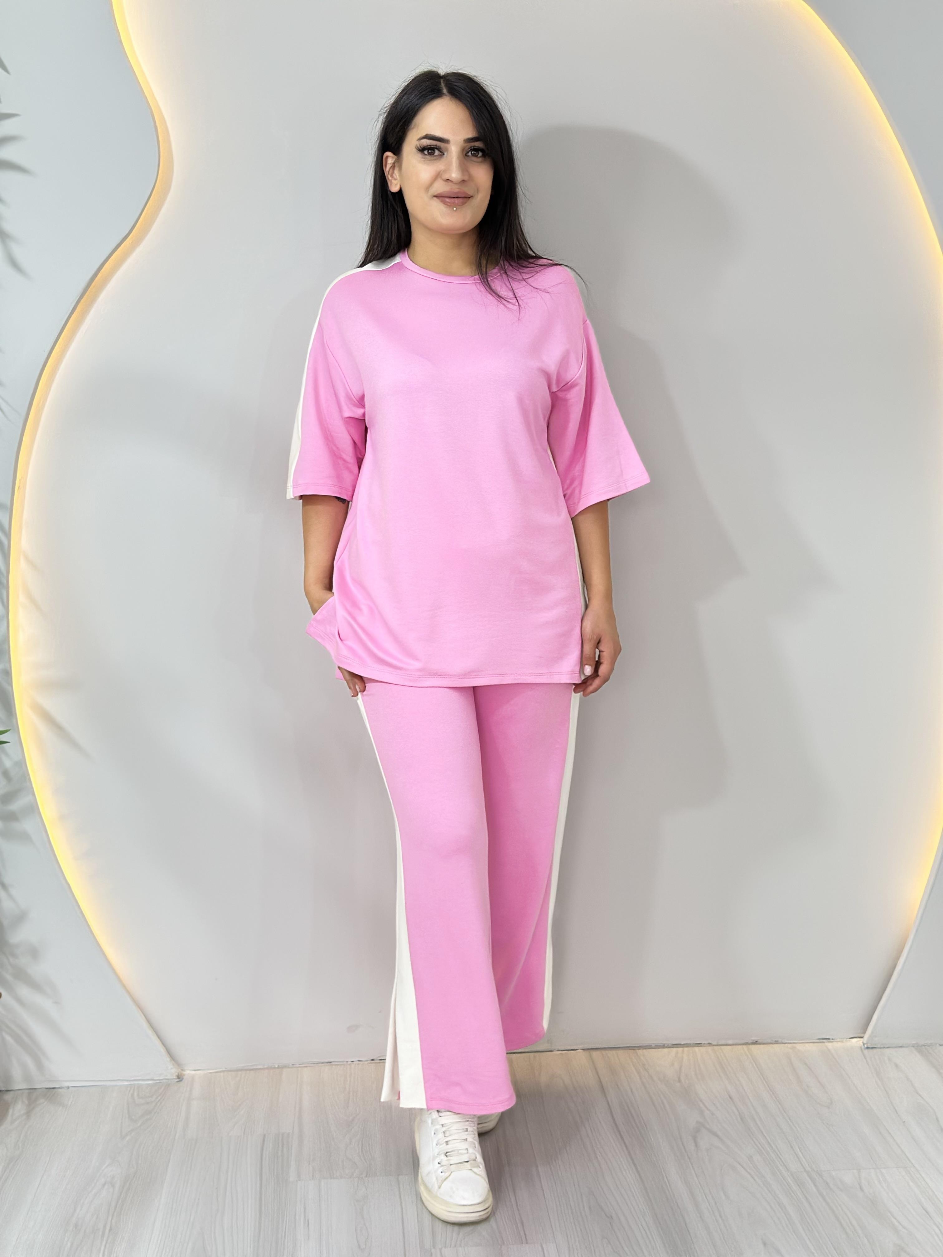 Miya Pembe Kollar Şerit Yırtmaçlı Pantolon Modal Tshirt 2'Li Takım A007