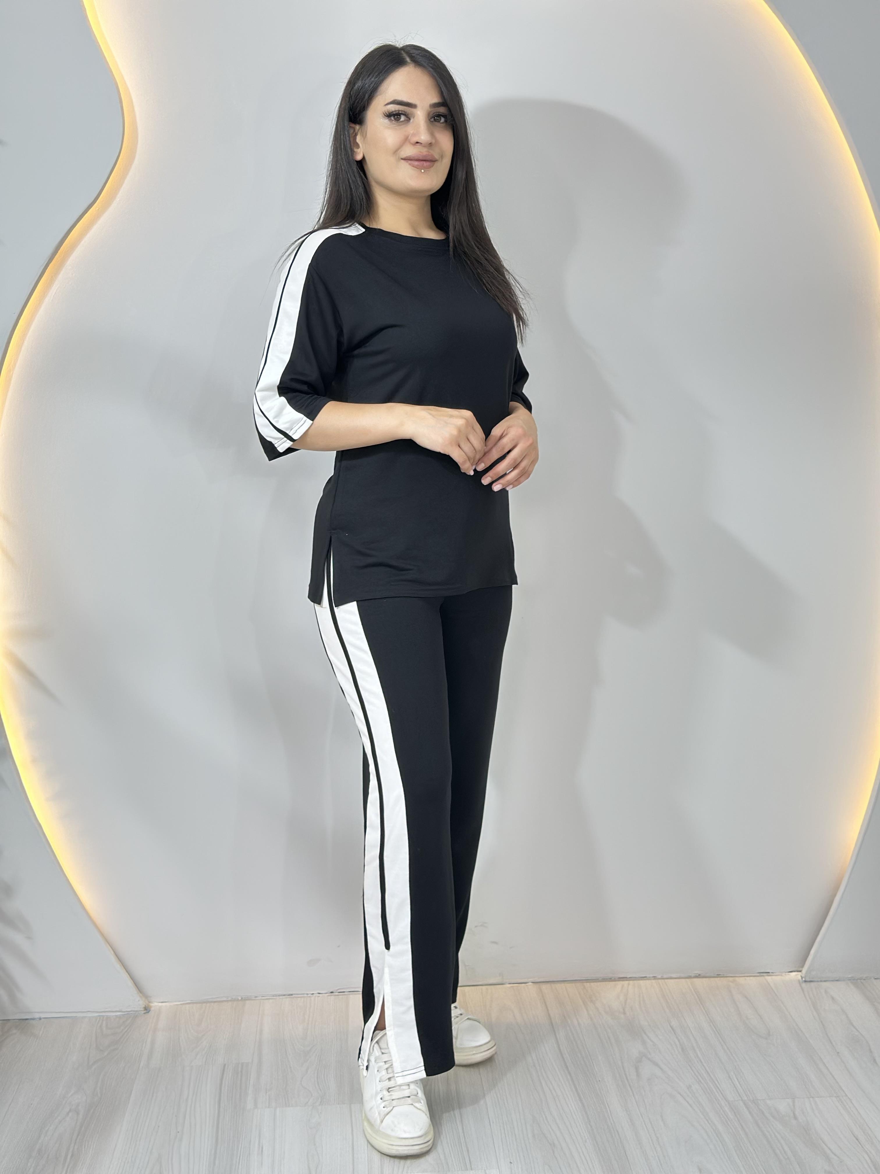 Miya Siyah Kollar Şerit Yırtmaçlı Pantolon Modal Tshirt 2'Li Takım A009