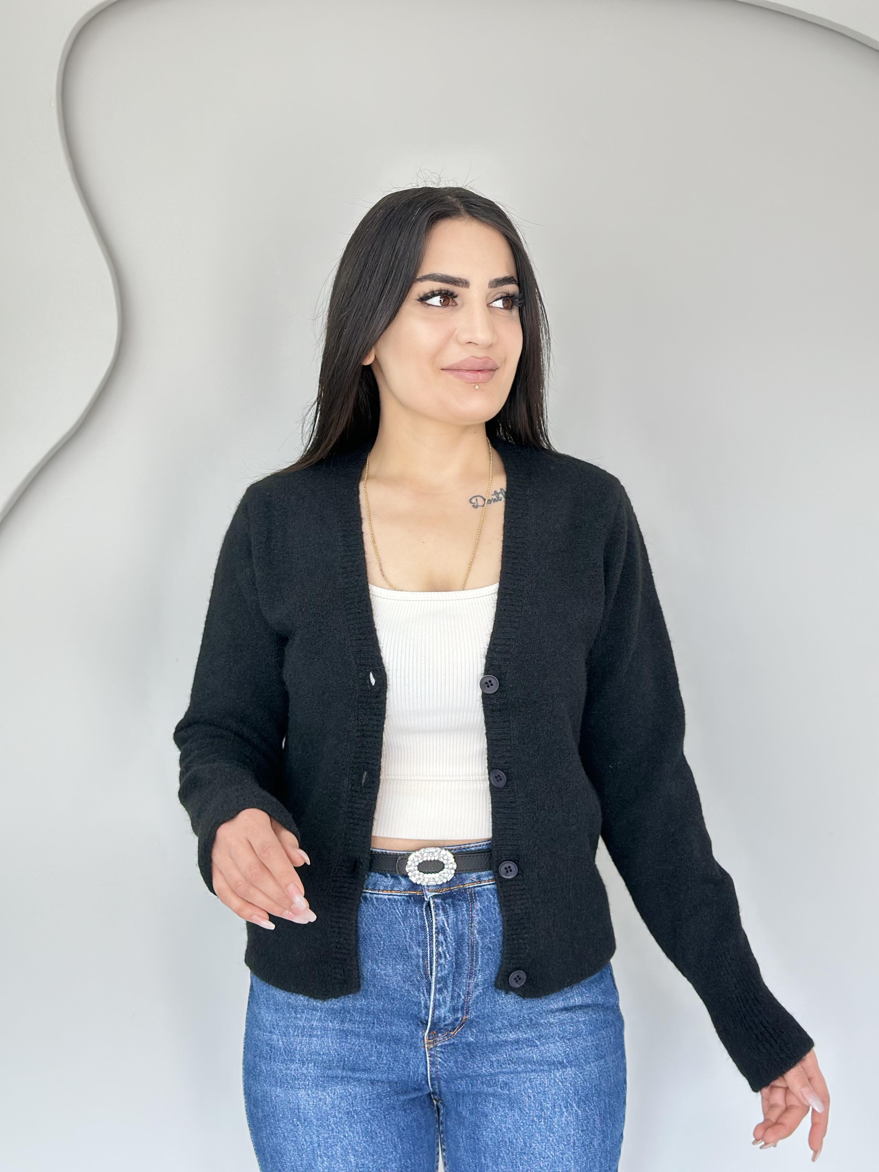 Mode Siyah V Yaka Düğmeli Triko Hırka C6363