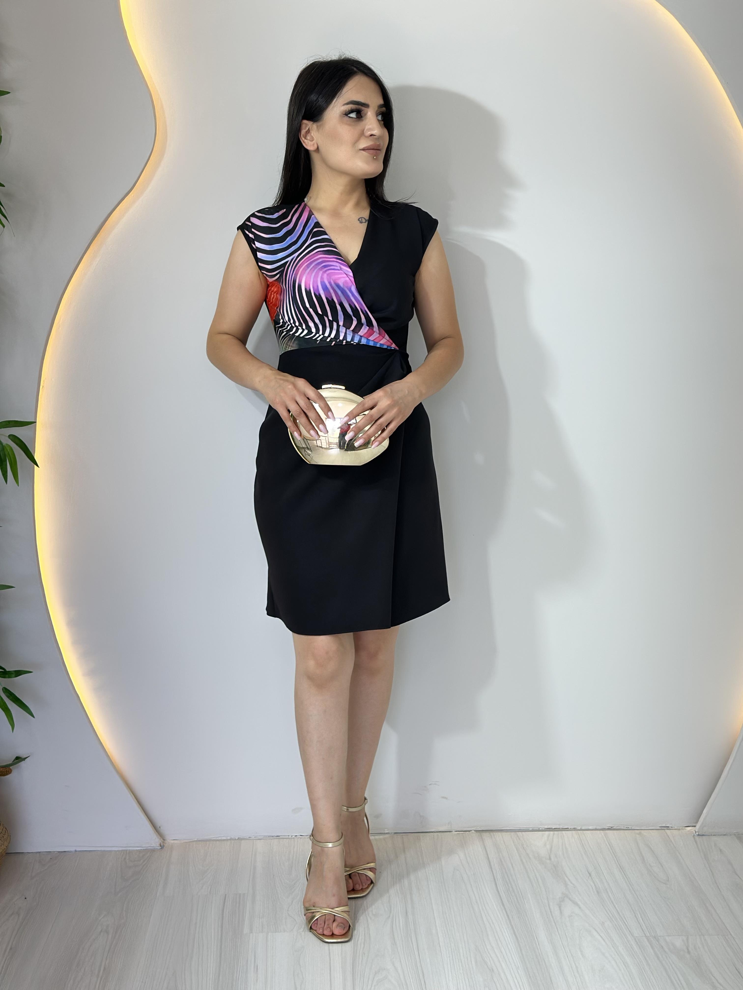 Pera Mor Kruvaze Yaka Bir Tarafı Desenli Yandan Fermuarlı Mini Boy Elbise A620