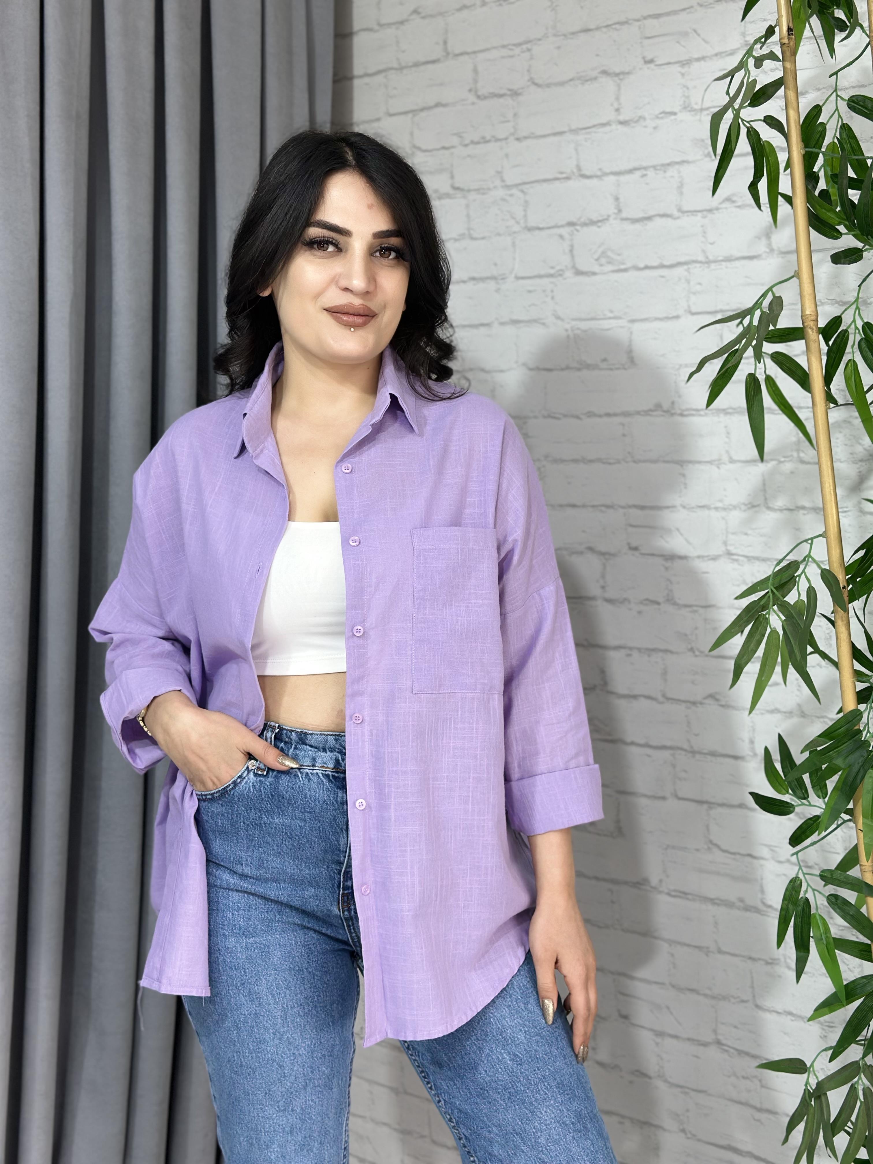 Mor Oversize Cepli Keten Gömlek A094