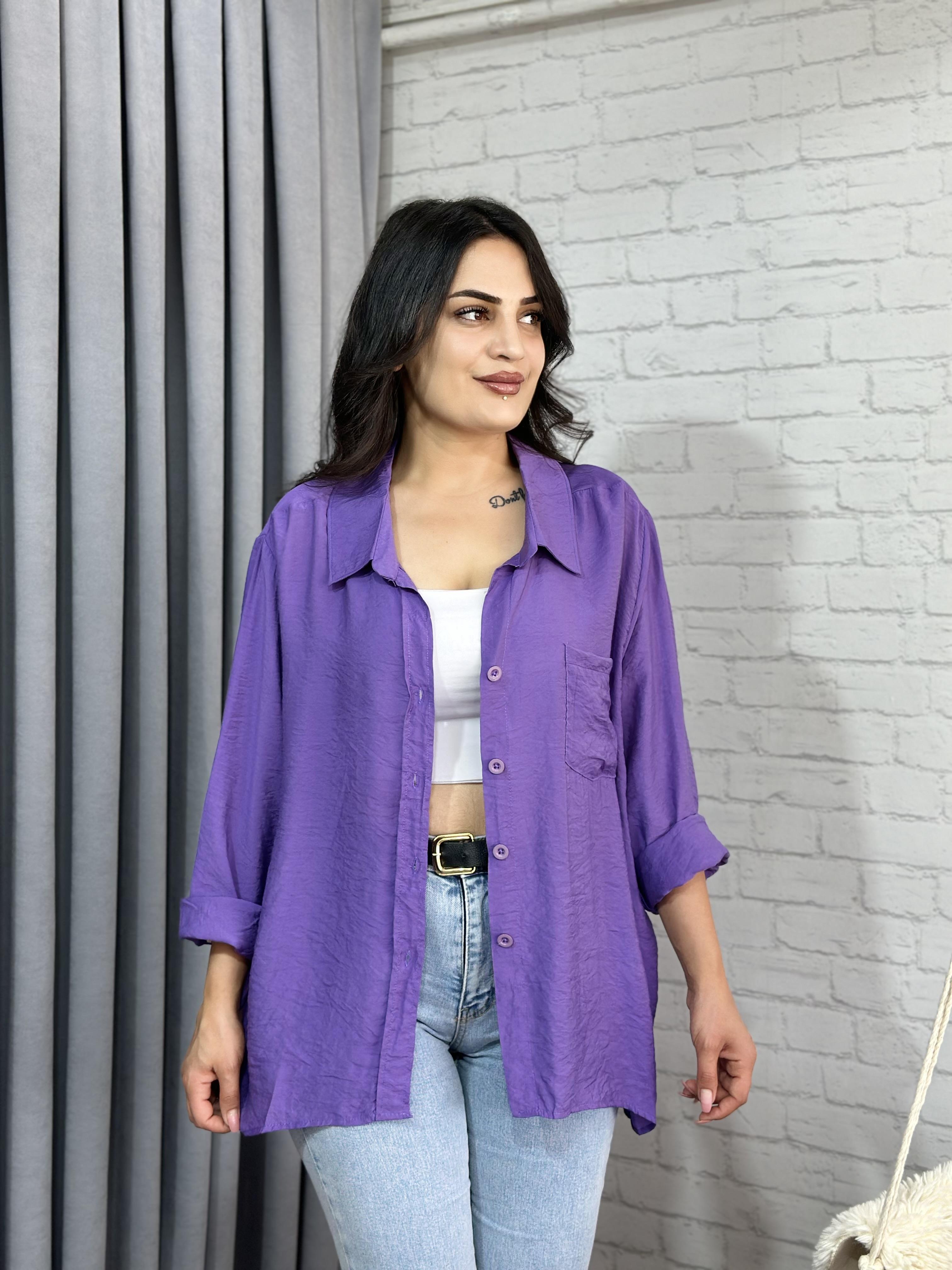 Mor Tensel Bambu Oversize Cepli Gömlek