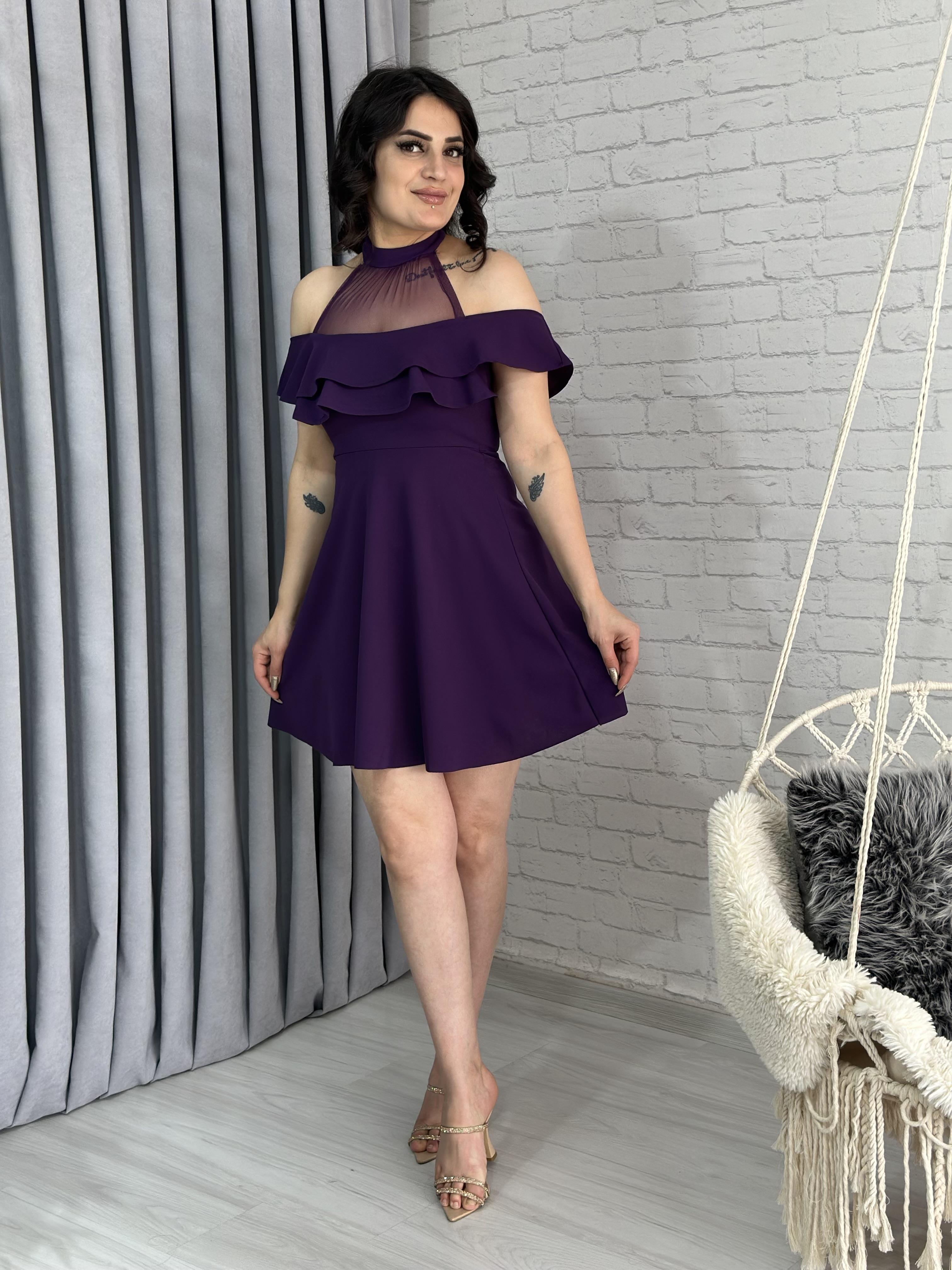 Mor Tül Detay Mini Krep Elbise A069