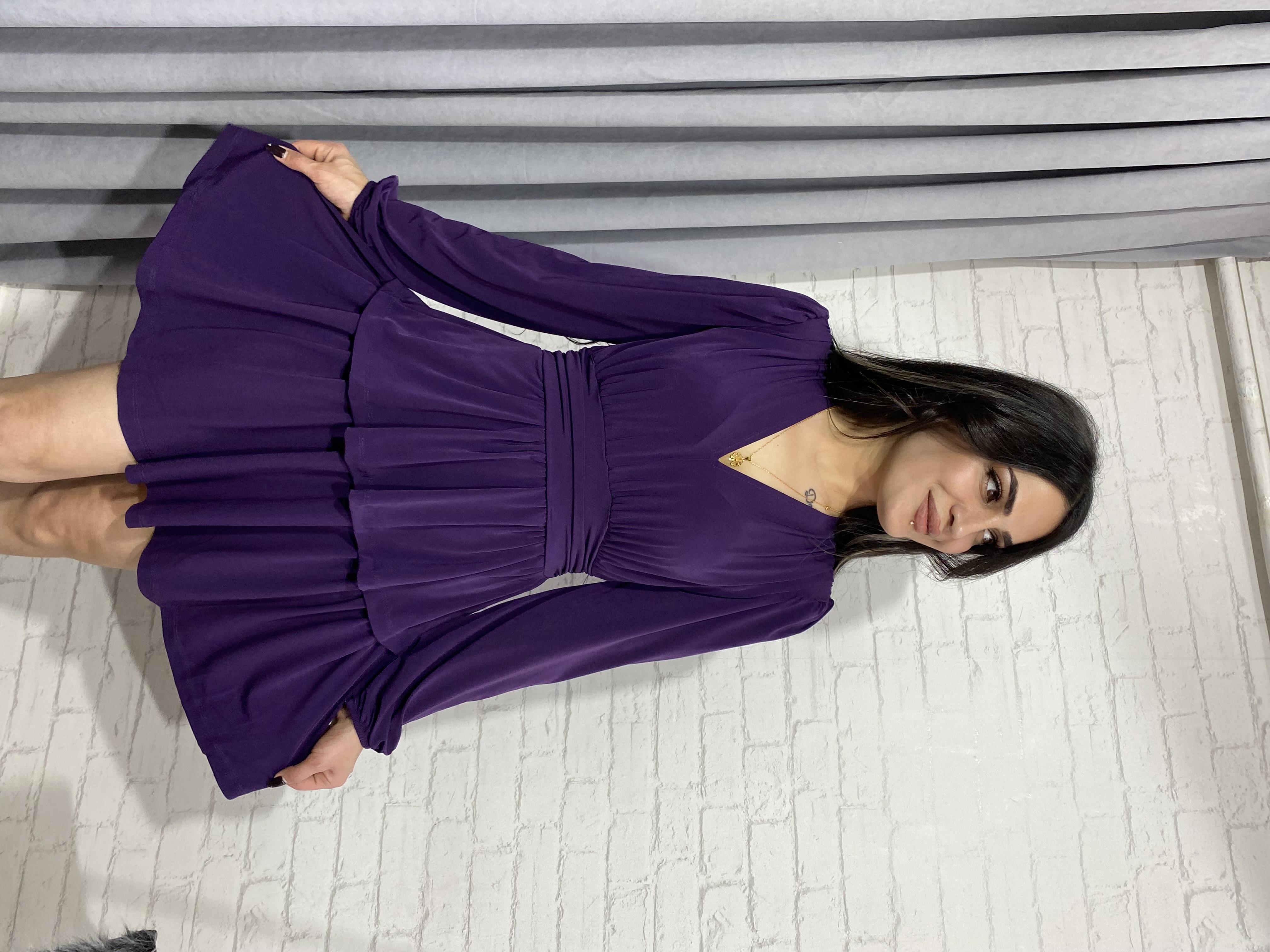 Mor V Yaka Kollu Sandy Kumaş Elbise