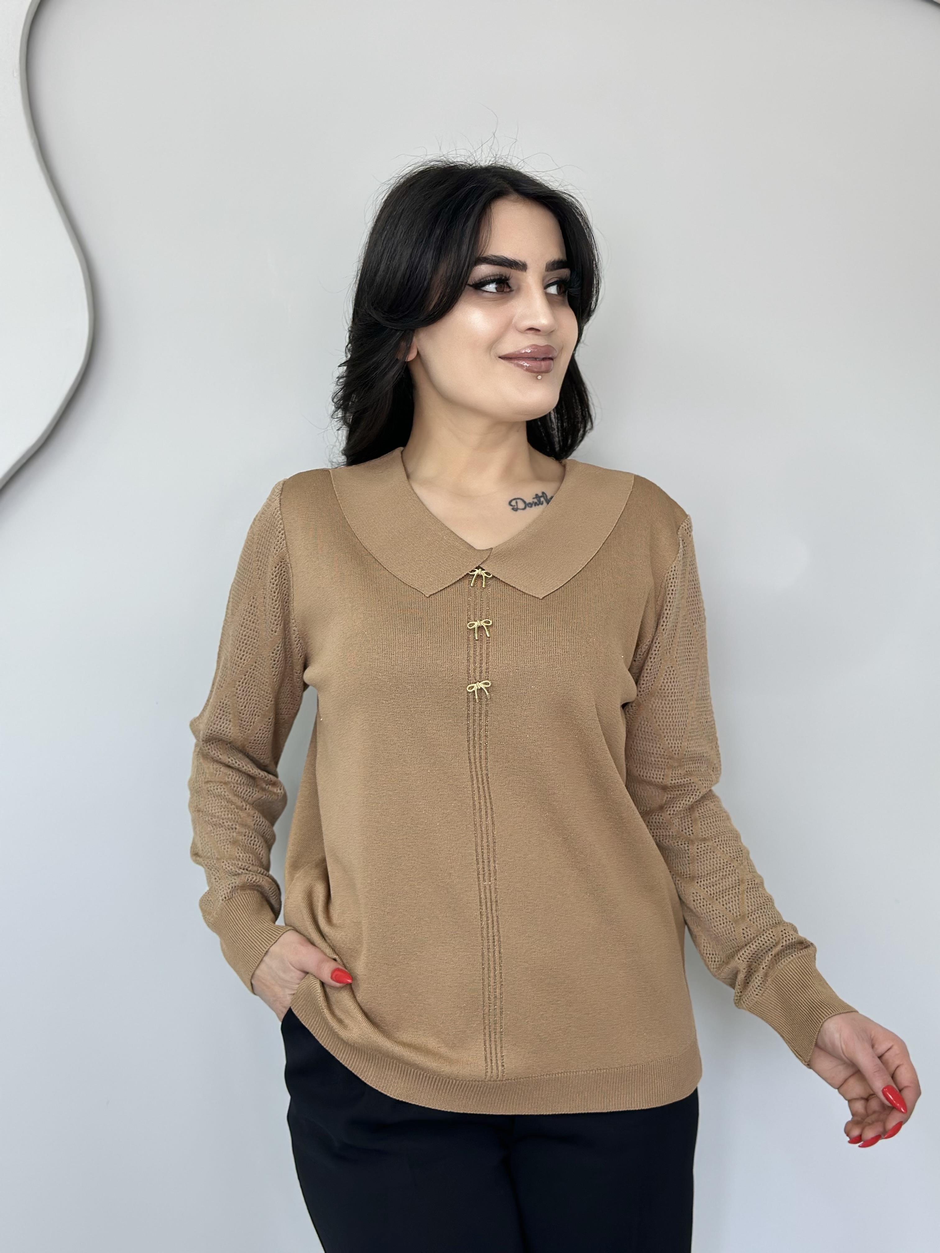 Mossy Camel Peter Pan Yaka Fiyonk Kol Örgü Detay Triko Bluz A648