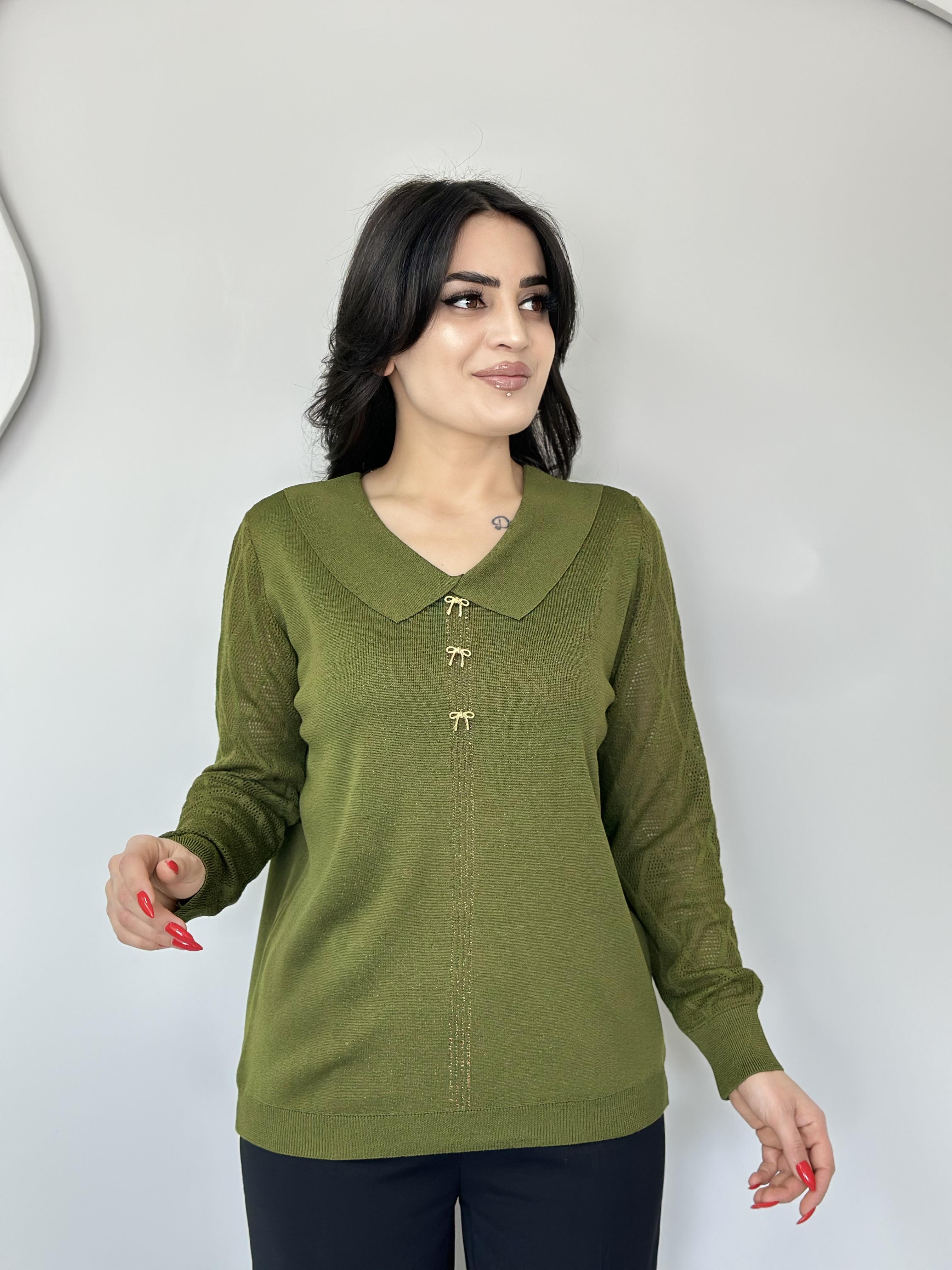 Mossy Haki Peter Pan Yaka Fiyonk Kol Örgü Detay Triko Bluz A644