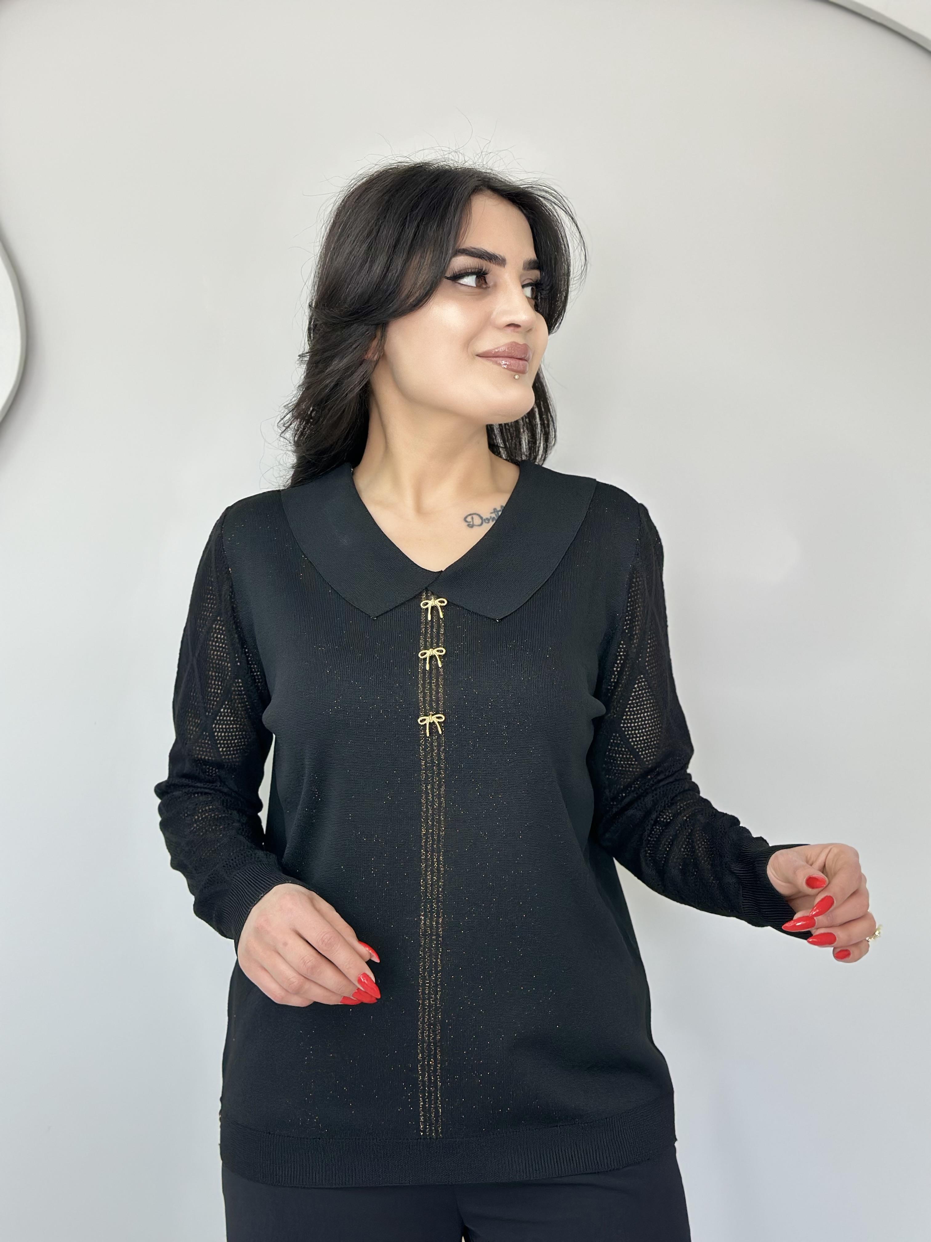 Mossy Siyah Peter Pan Yaka Fiyonk Kol Örgü Detay Triko Bluz A646