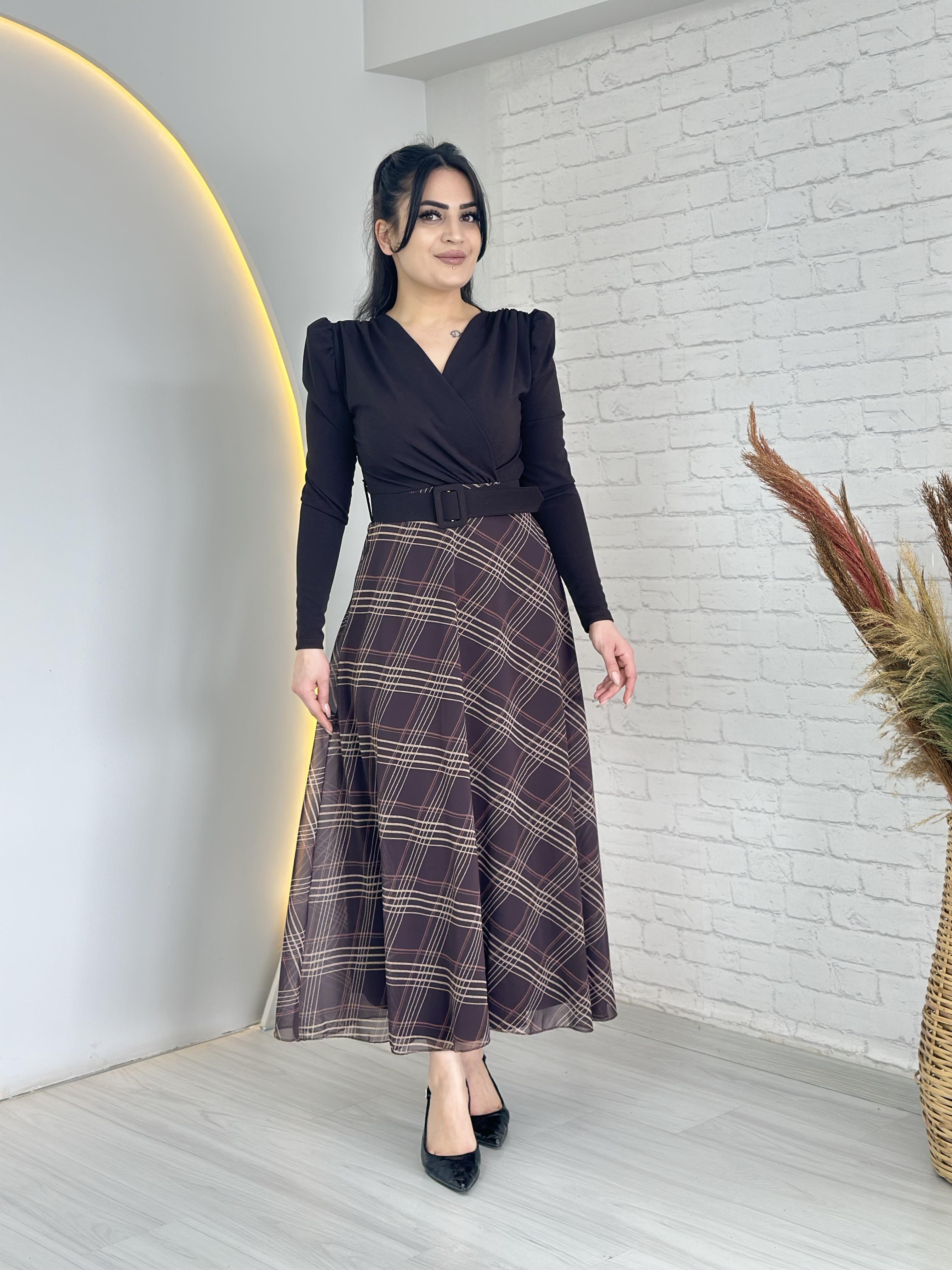 Moze Acı Kahve Kruvaze Yaka Ekose Etekli Kemerli Midi Boy Elbise D046