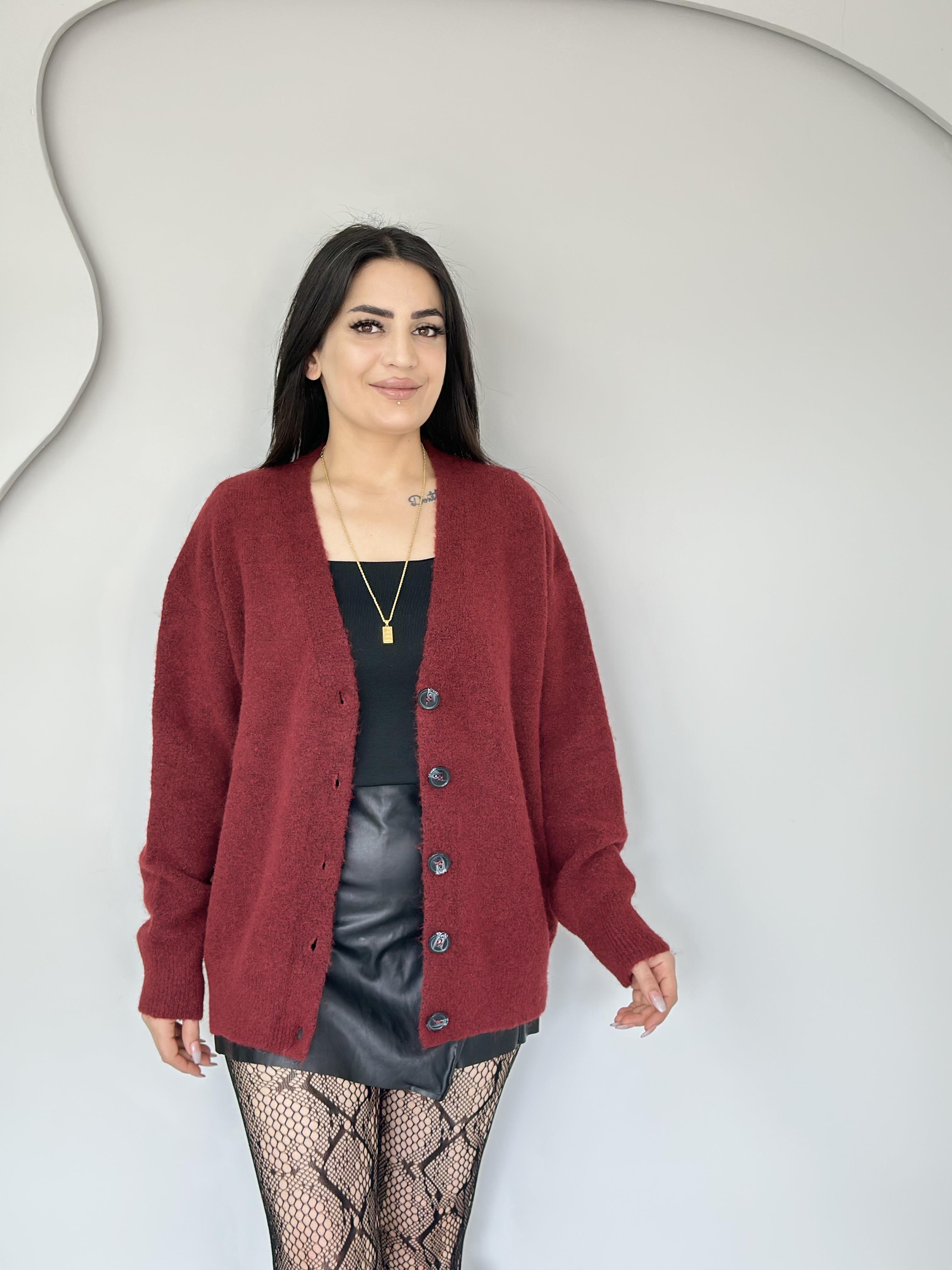 Nixo Bordo Oversize V Yaka Yumuşak Dokulu Düğmeli Hırka C2223