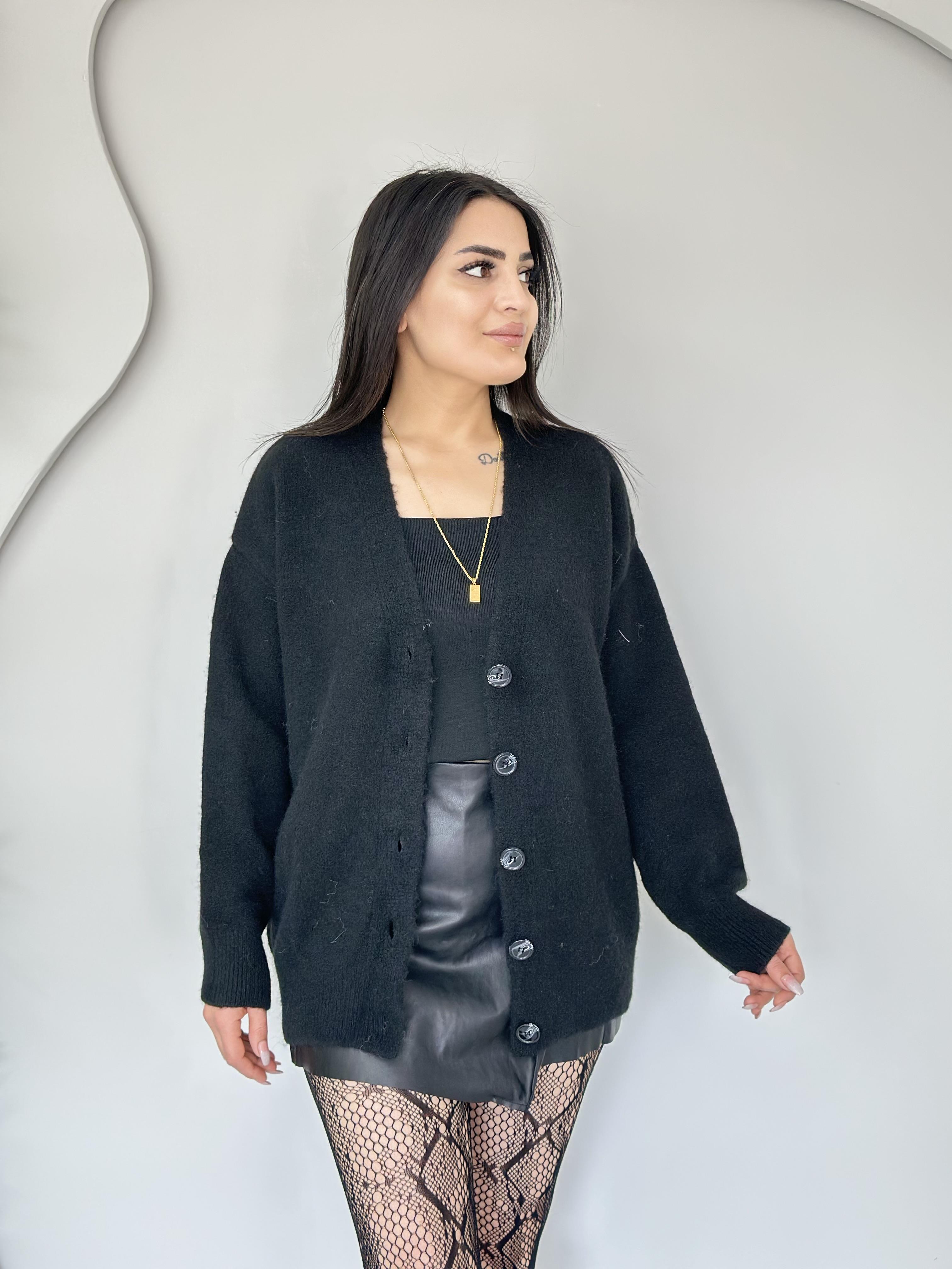 Nixo Siyah Oversize V Yaka Yumuşak Dokulu Düğmeli Hırka C2223