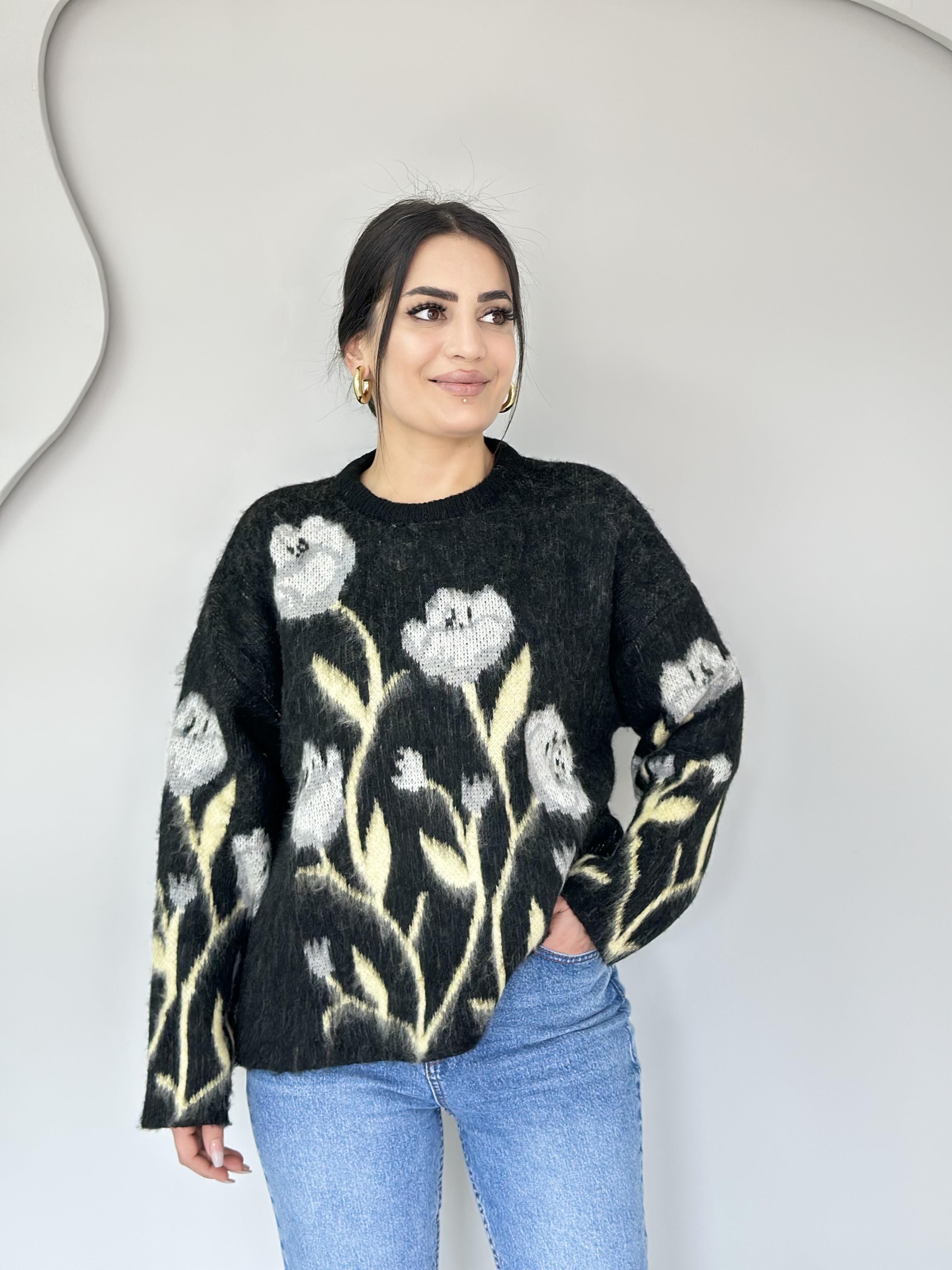 Noir Siyah Bisiklet Yaka Çiçek Desenli Oversize Triko C999