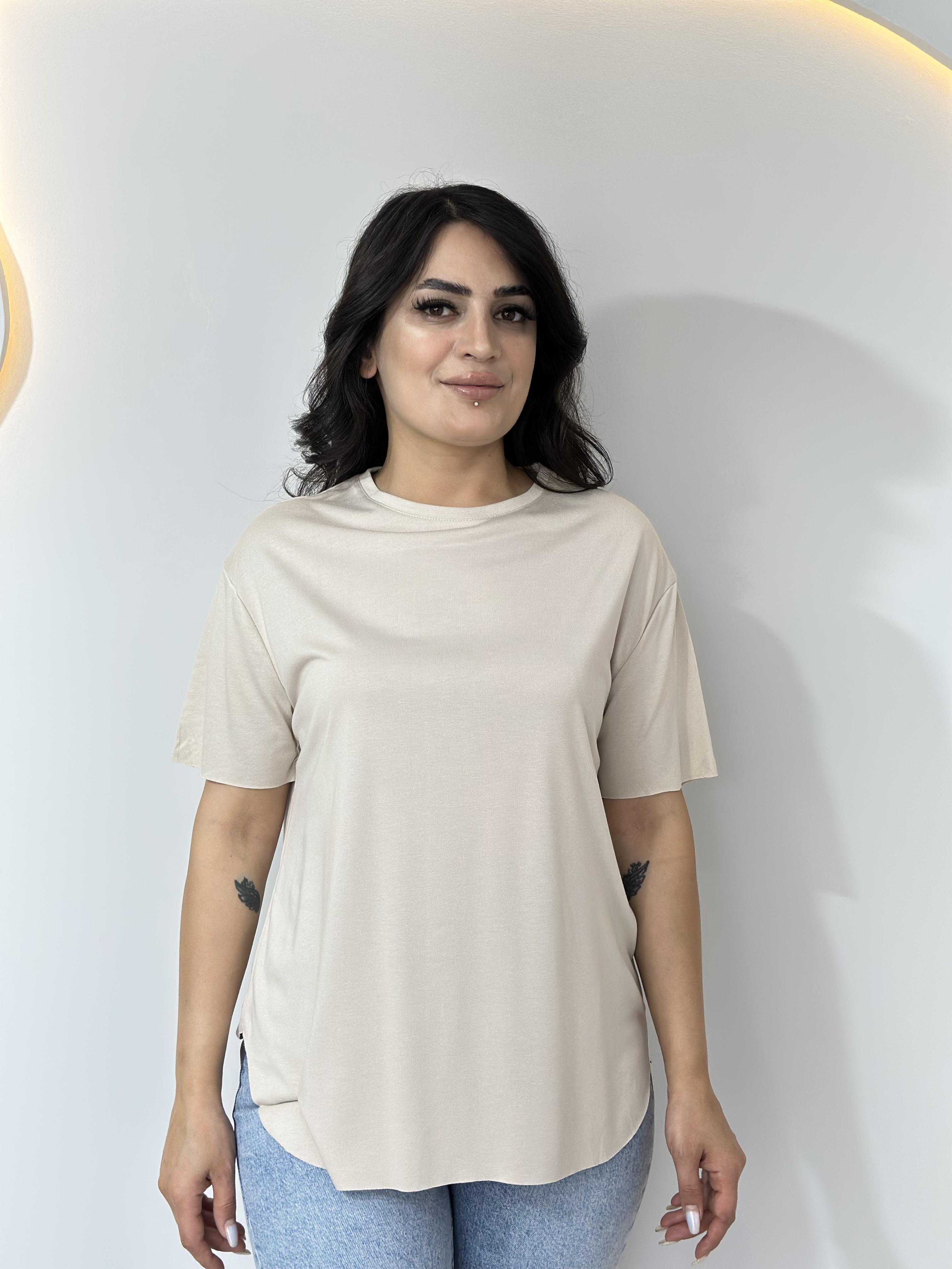 Nola Krem  Bisiklet Yaka Lazer Kesim Modal Kumaş Orijinal Tshirt A051
