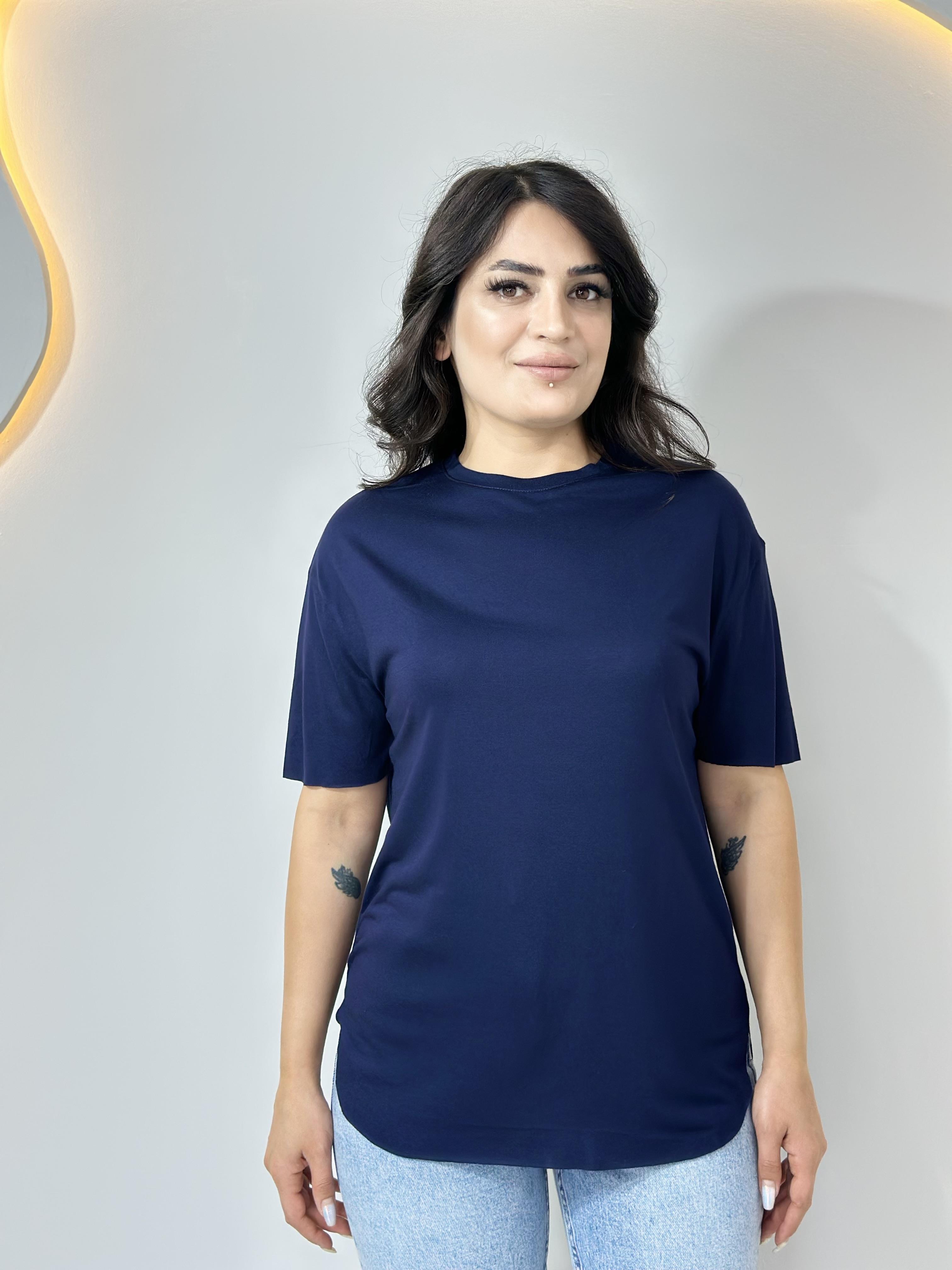 Nola Lacivert Bisiklet Yaka Lazer Kesim Modal Kumaş Orijinal Tshirt A058