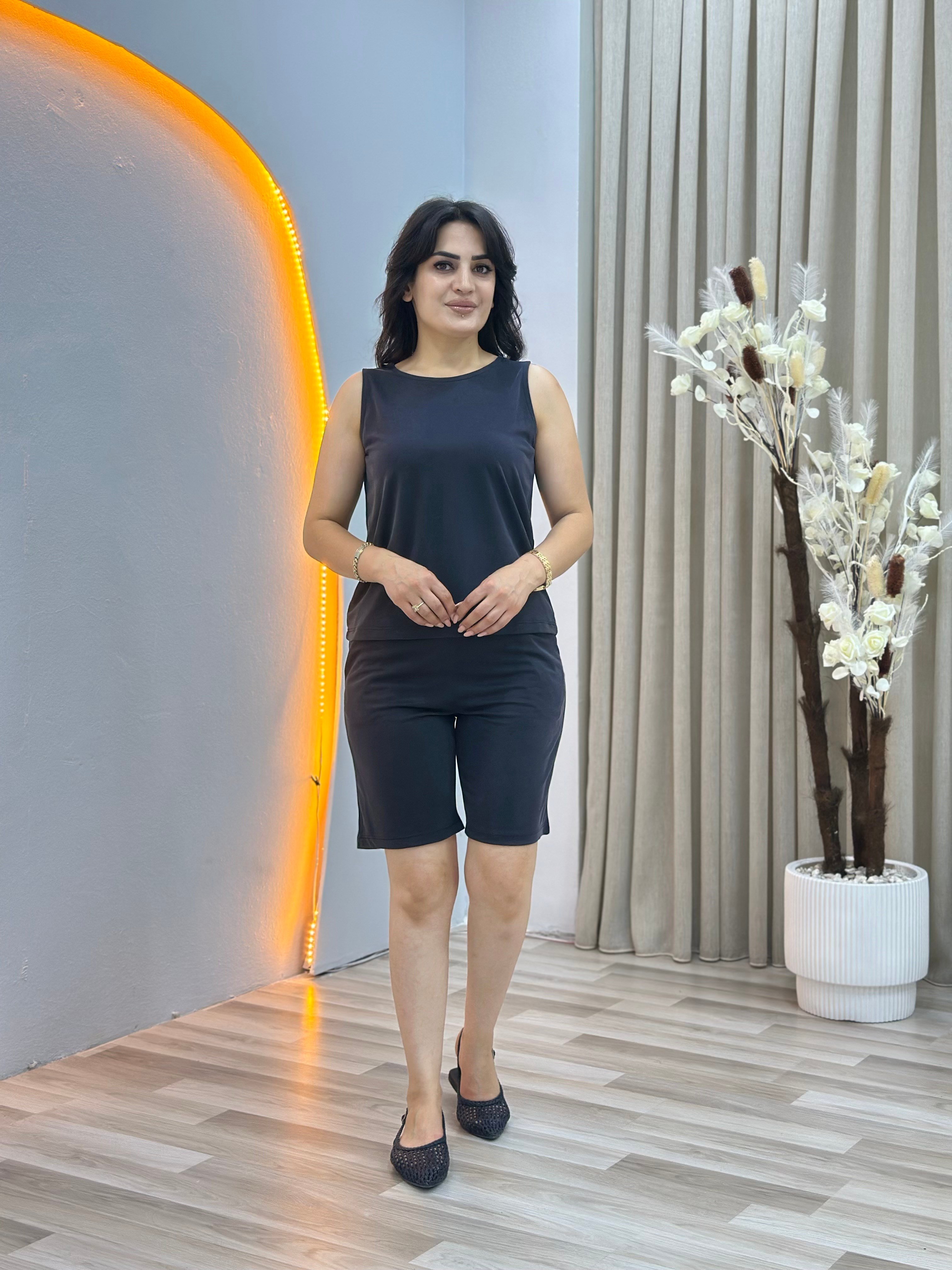 Nox Antrasit Bisiklet Yaka Askılı Bluz Beli Lastikli Şort Rahat Kalıp İkili Takım D155
