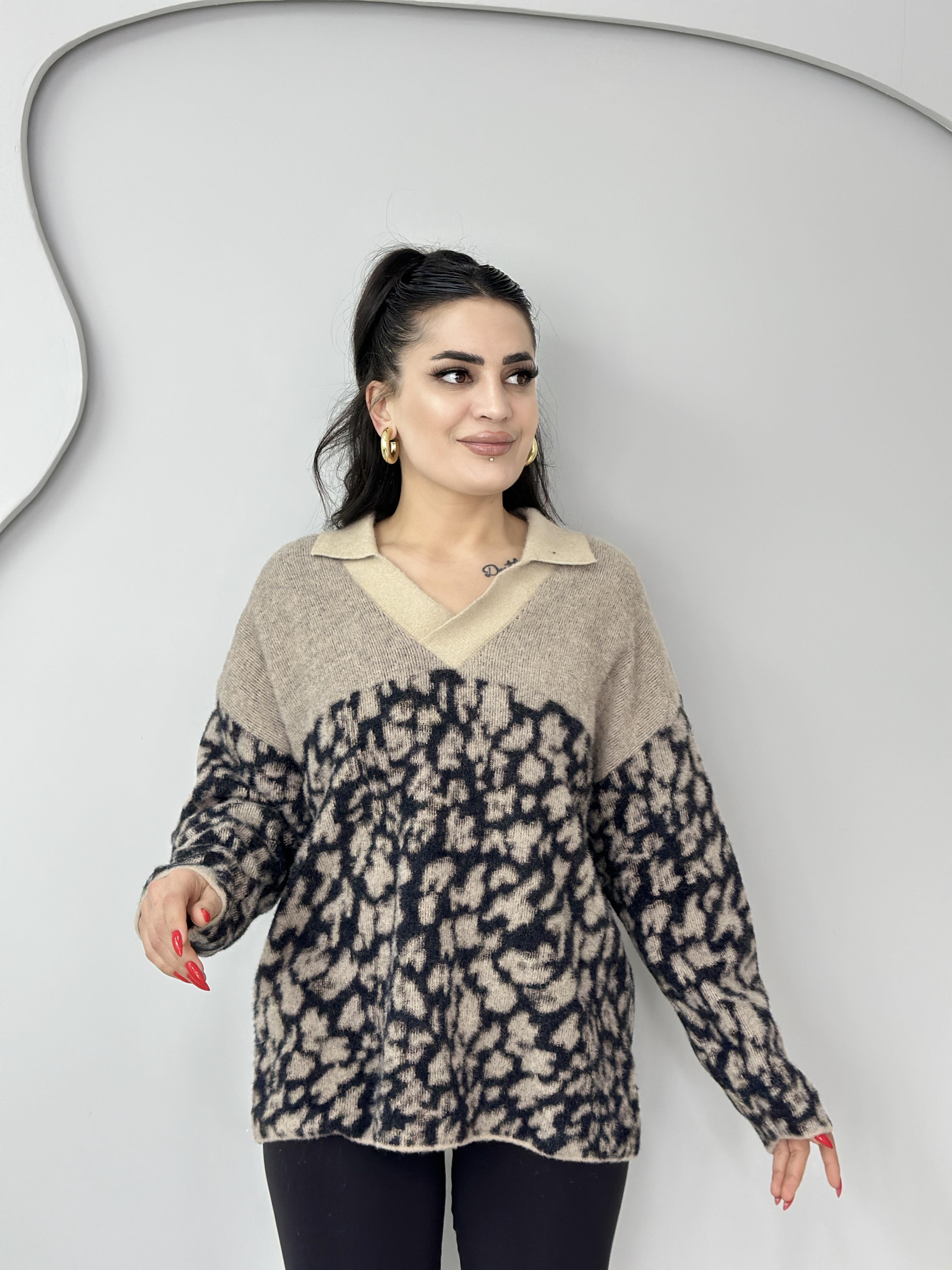 Nussy Ekru Polo Yaka Leopar Desenli Oversize Triko Kazak M777