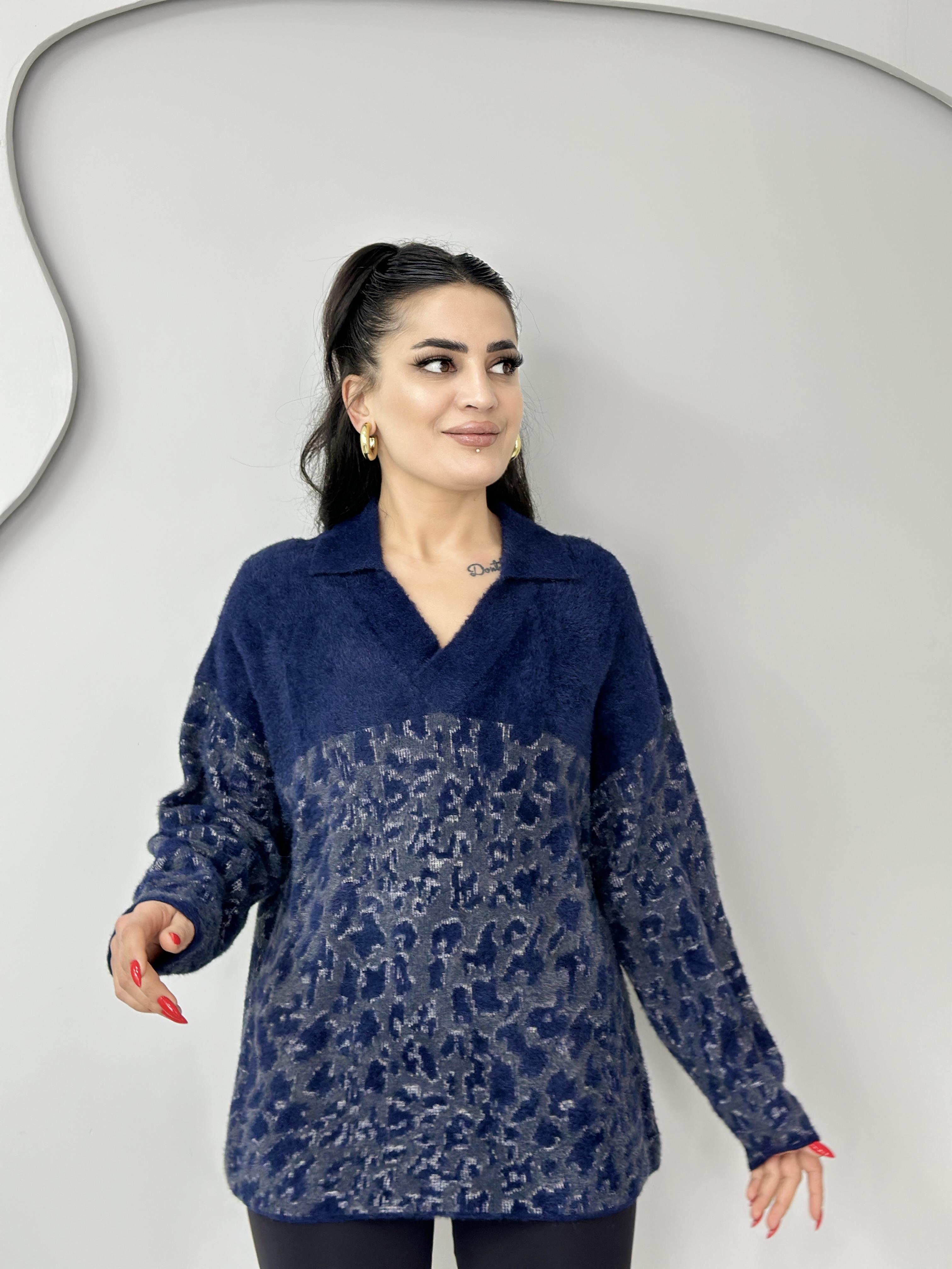 Nussy Lacivert Polo Yaka Leopar Desenli Oversize Triko Kazak M777