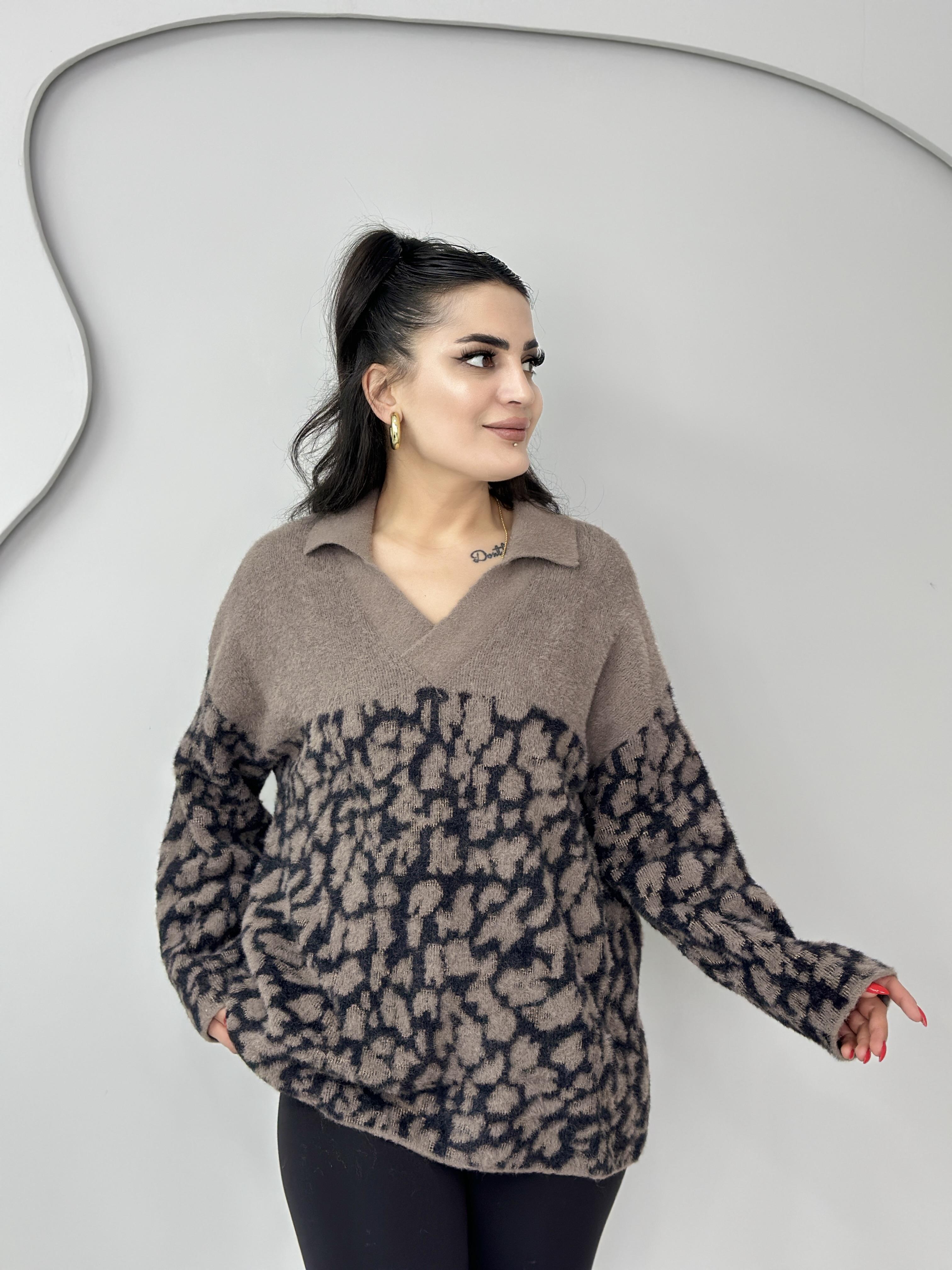 Nussy Vizon Polo Yaka Leopar Desenli Oversize Triko Kazak M777