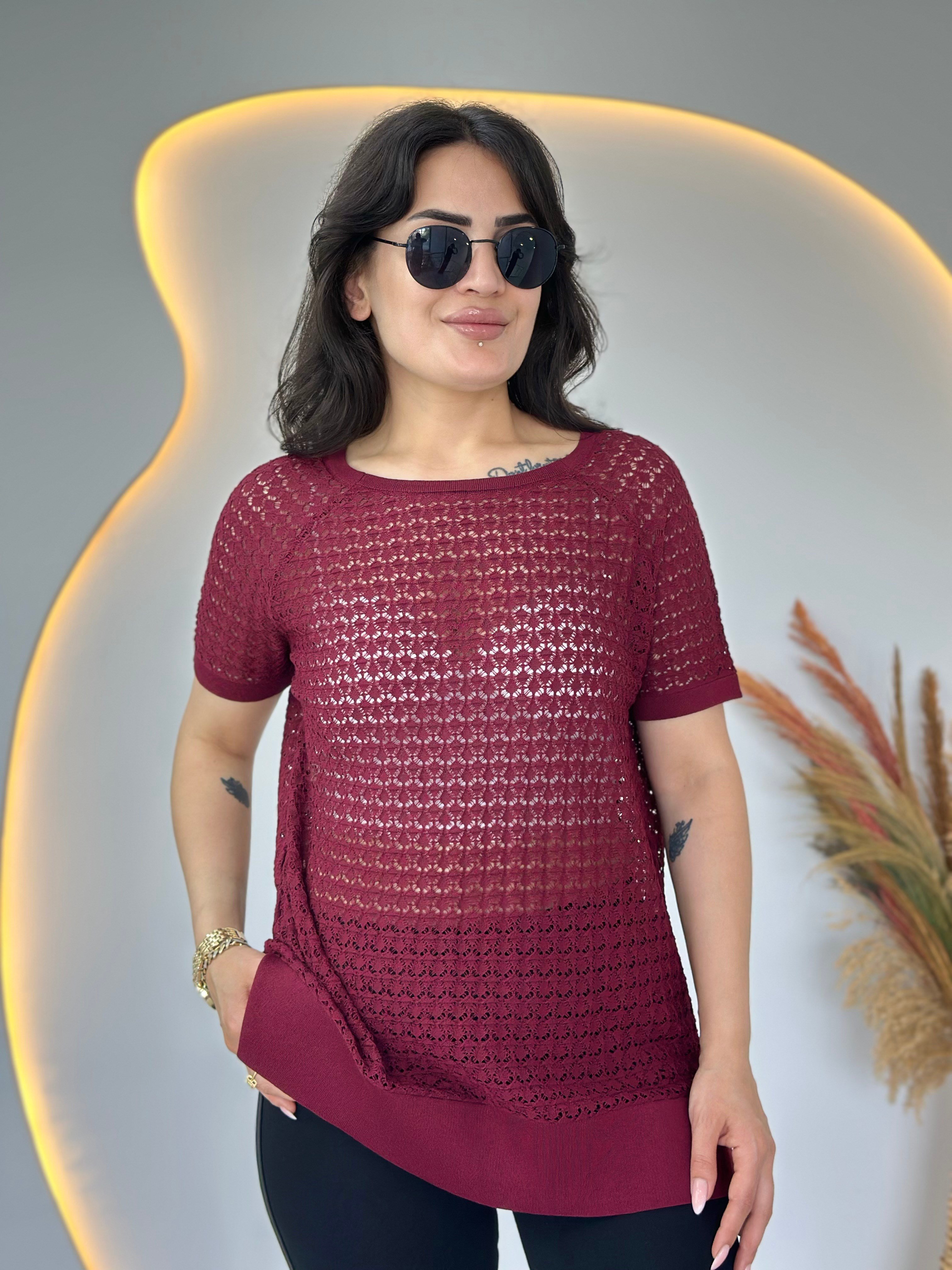 Odea Bordo Bisiklet Yaka File Detaylı Merserize Bluz D134