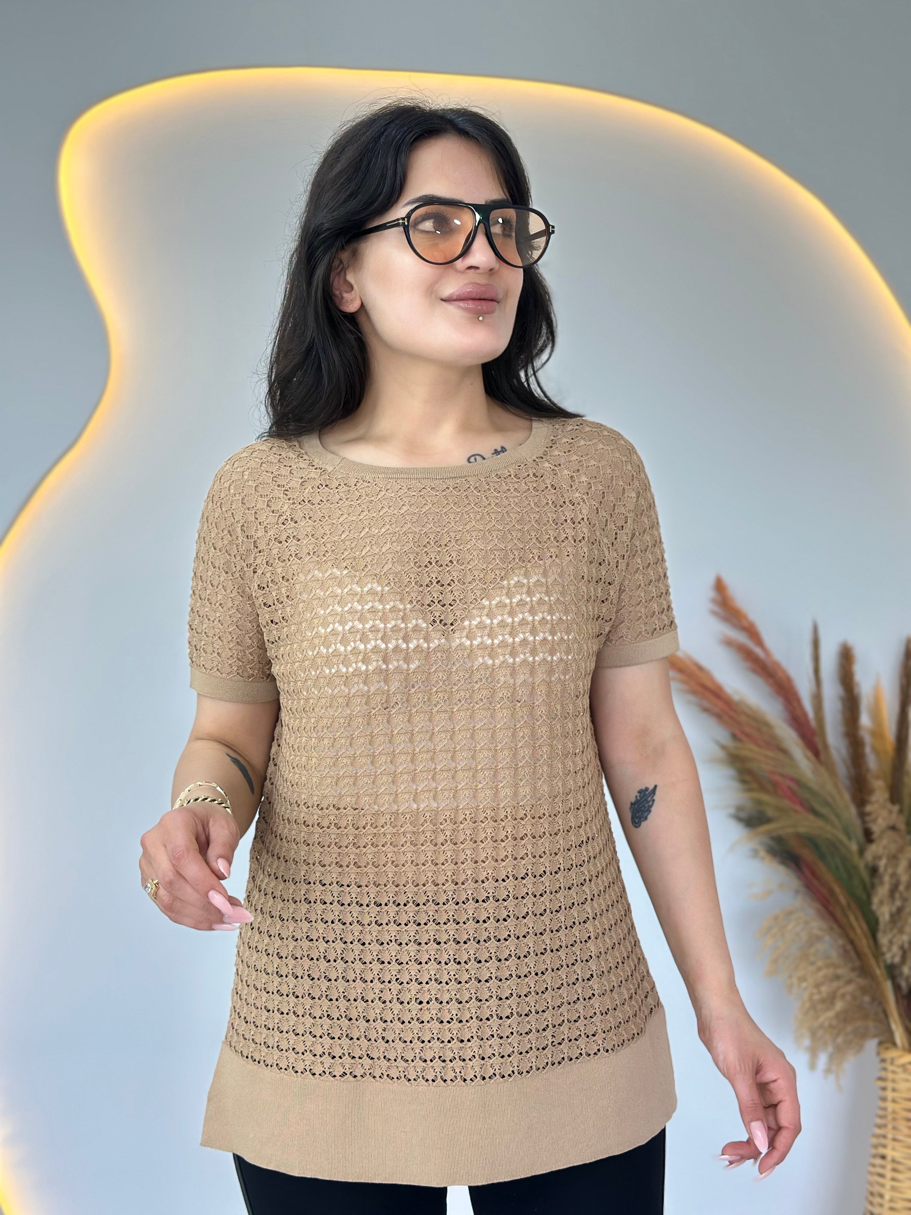 Odea Camel  Bisiklet Yaka File Detaylı Merserize Bluz D134
