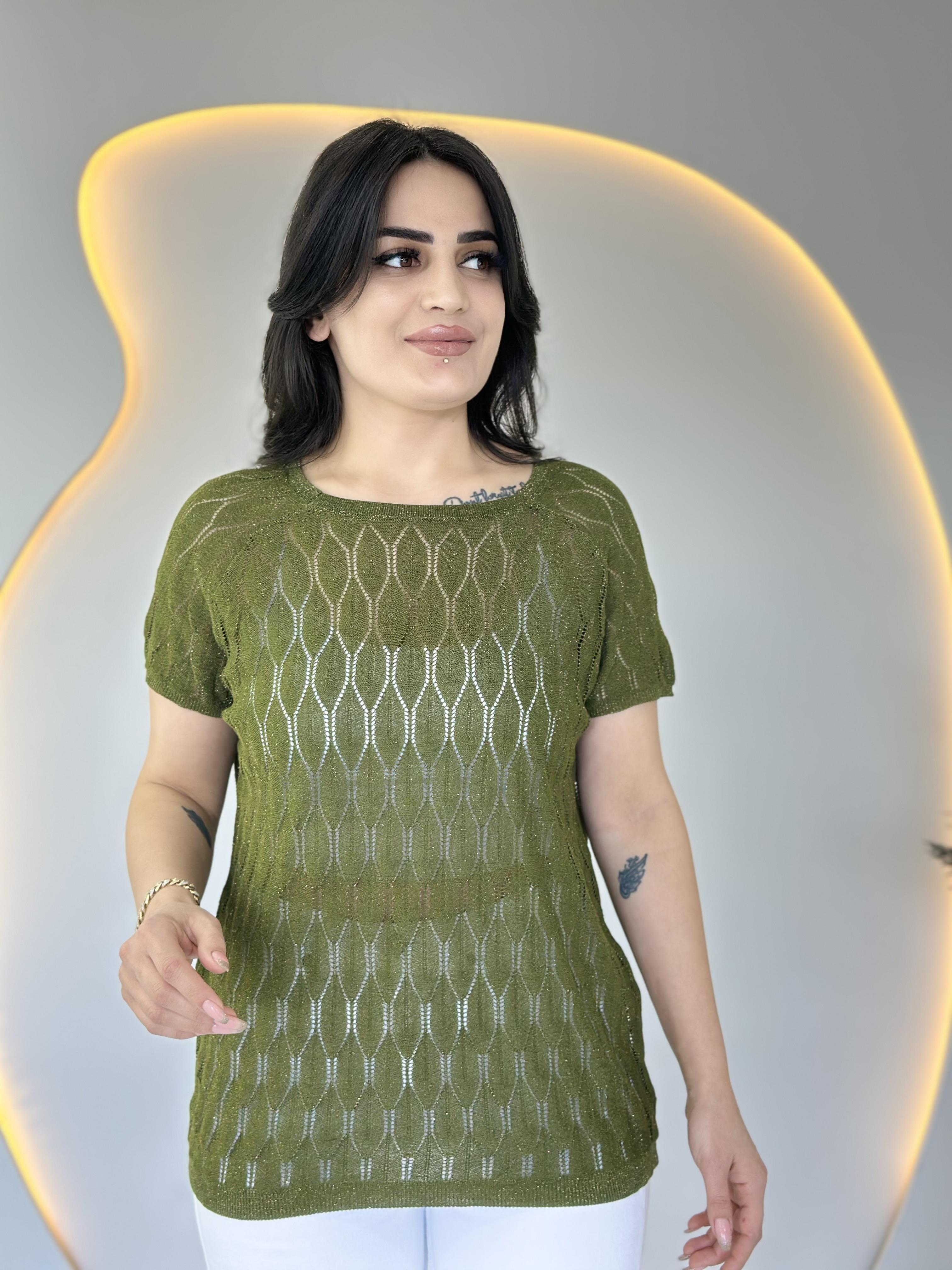 Olex Haki Bisiklet Yaka Ajurlu Kısa Kollu Merserize Bluz D019