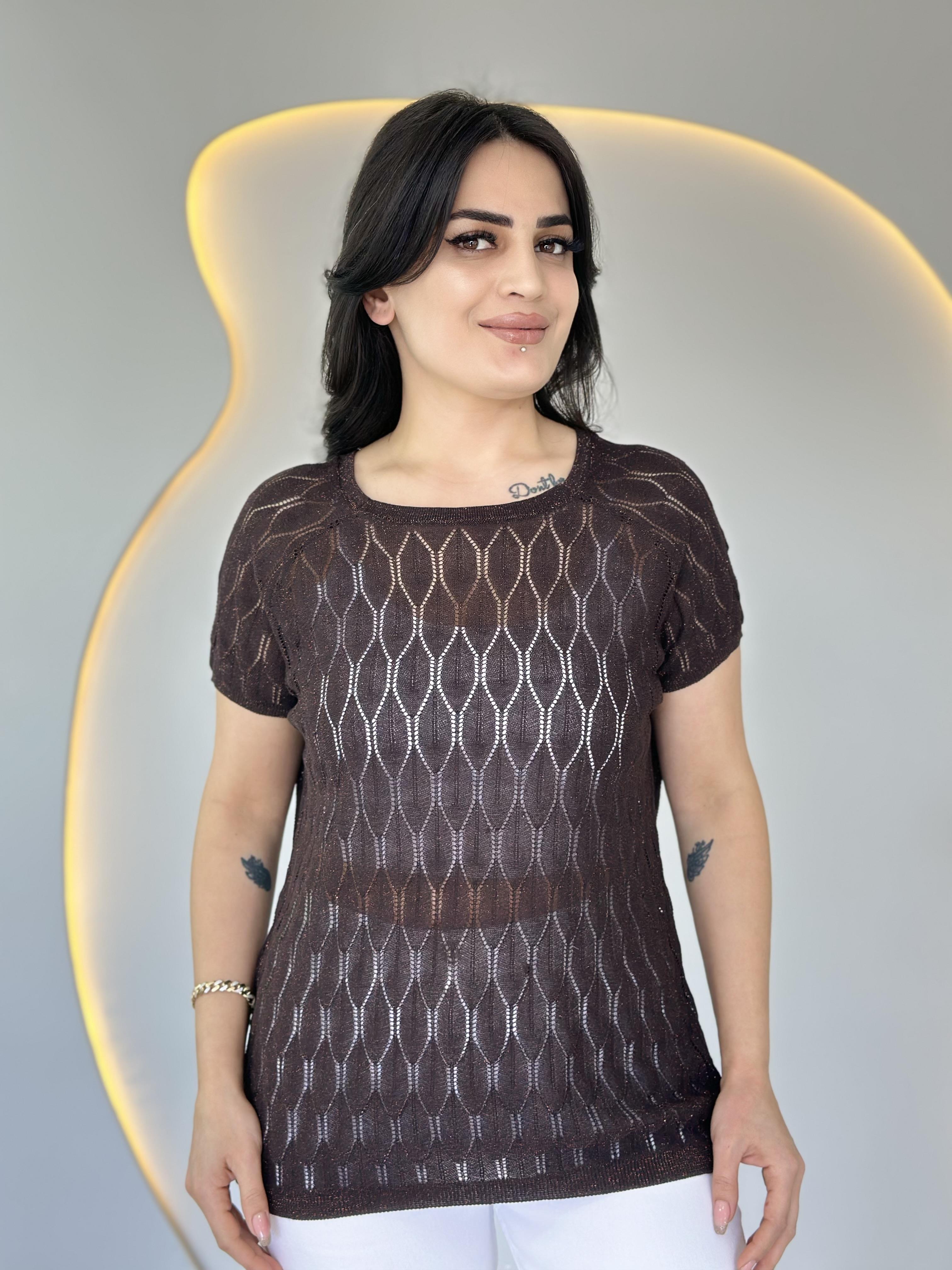 Olex Kahve Bisiklet Yaka Ajurlu Kısa Kollu Merserize Bluz D019