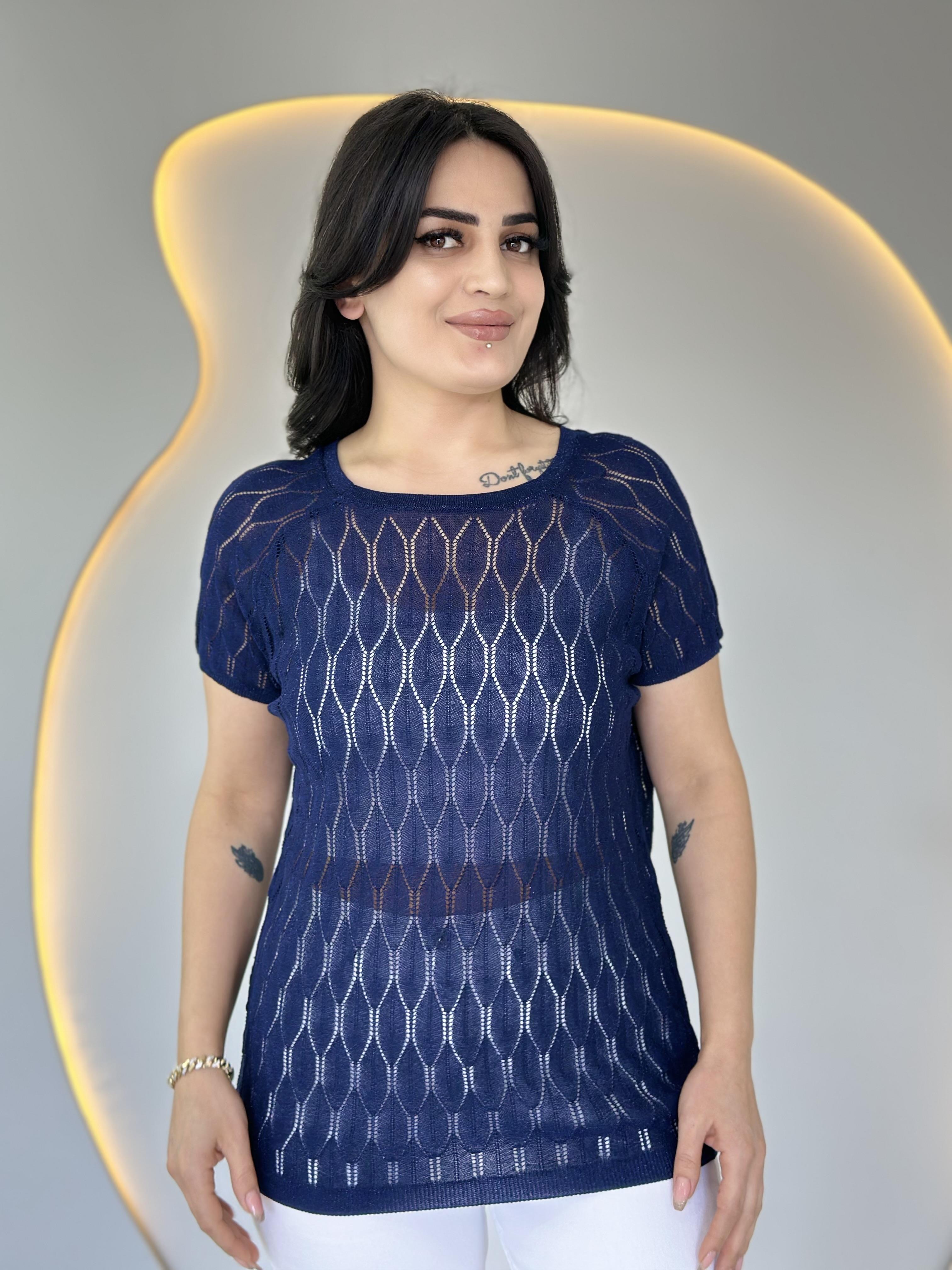 Olex Lacivert Bisiklet Yaka Ajurlu Kısa Kollu Merserize Bluz D019