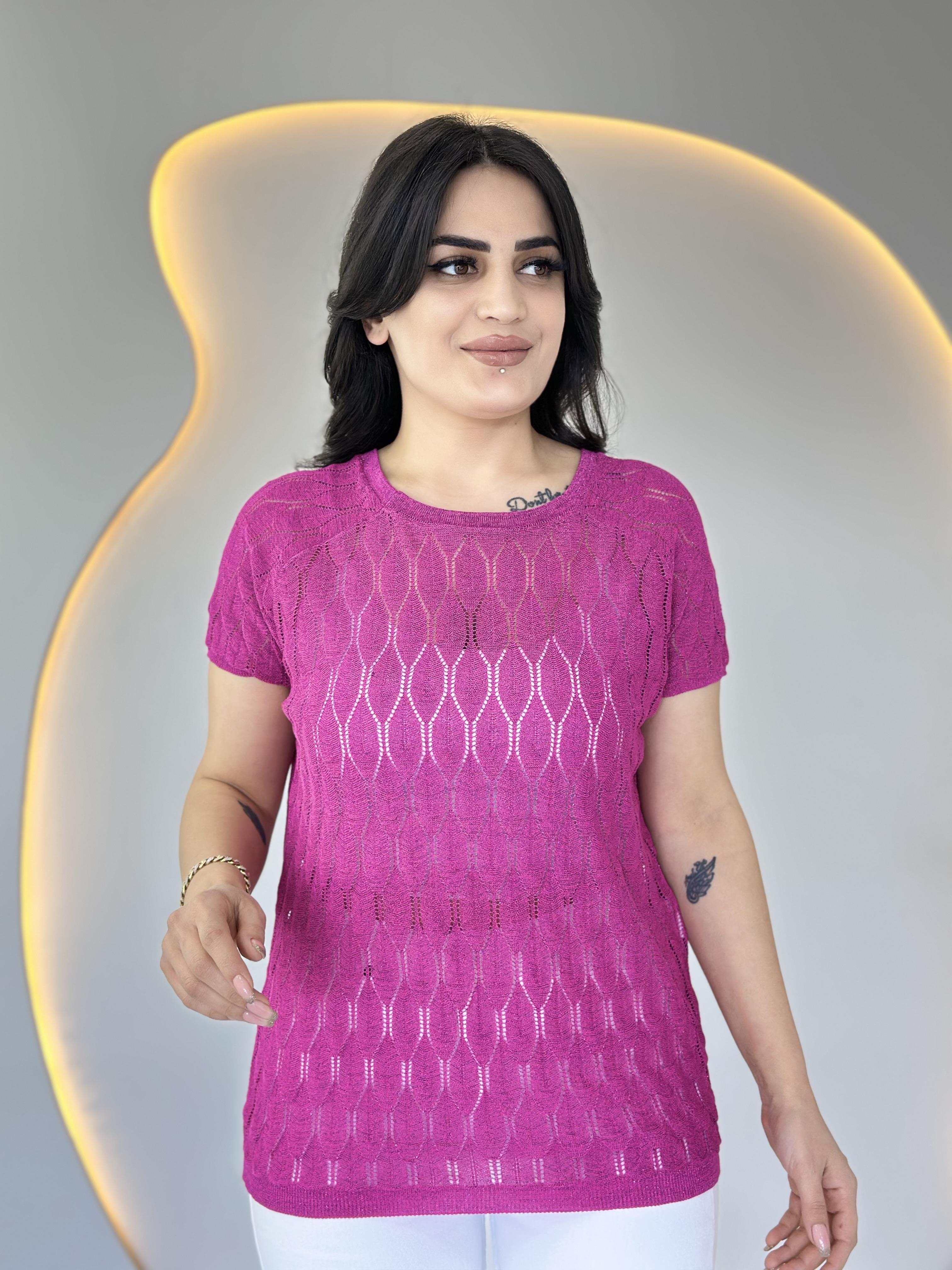 Olex Pembe Bisiklet Yaka Ajurlu Kısa Kollu Merserize Bluz D019