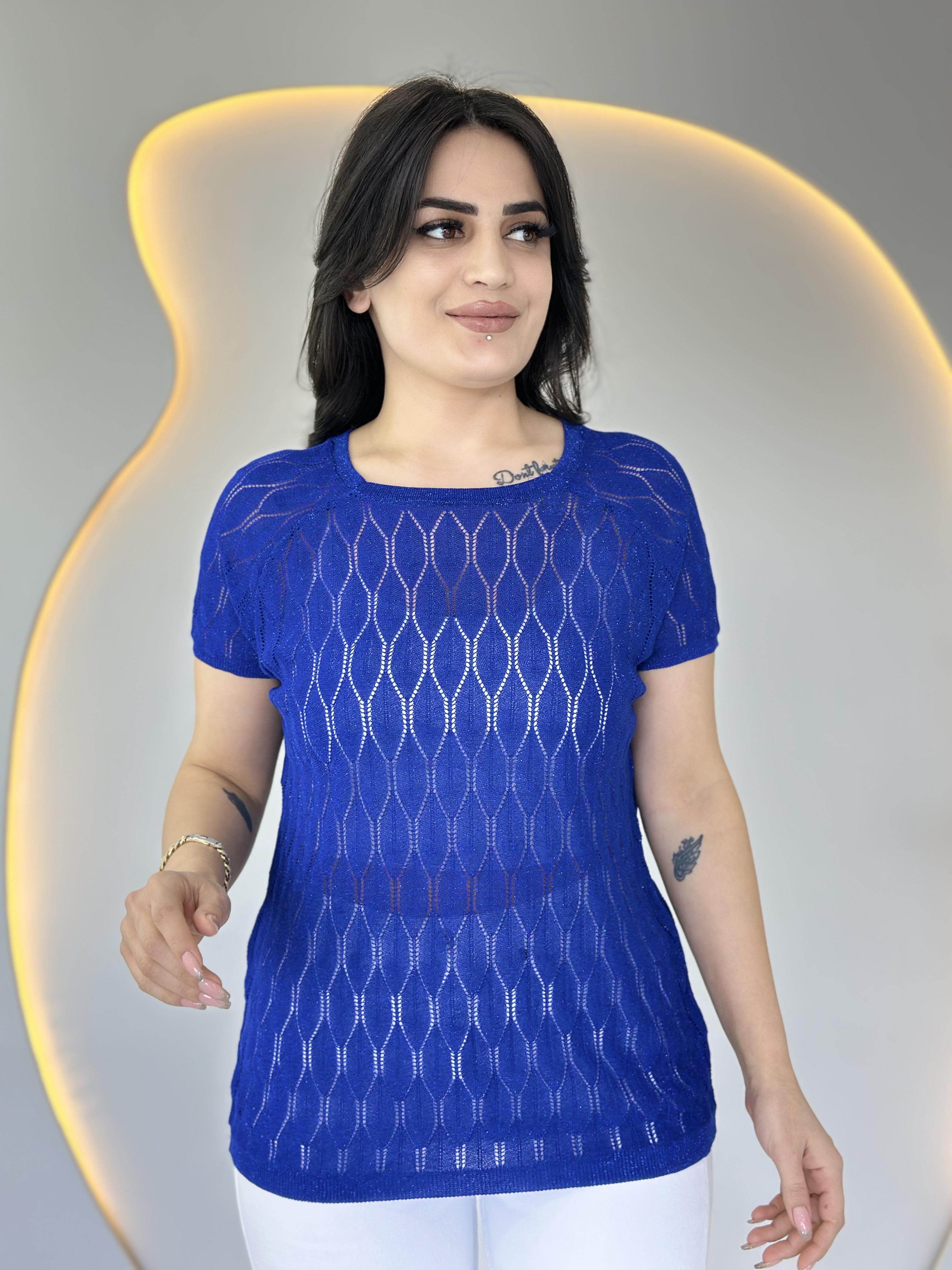 Olex Saks Mavi Bisiklet Yaka Ajurlu Kısa Kollu Merserize Bluz  D019